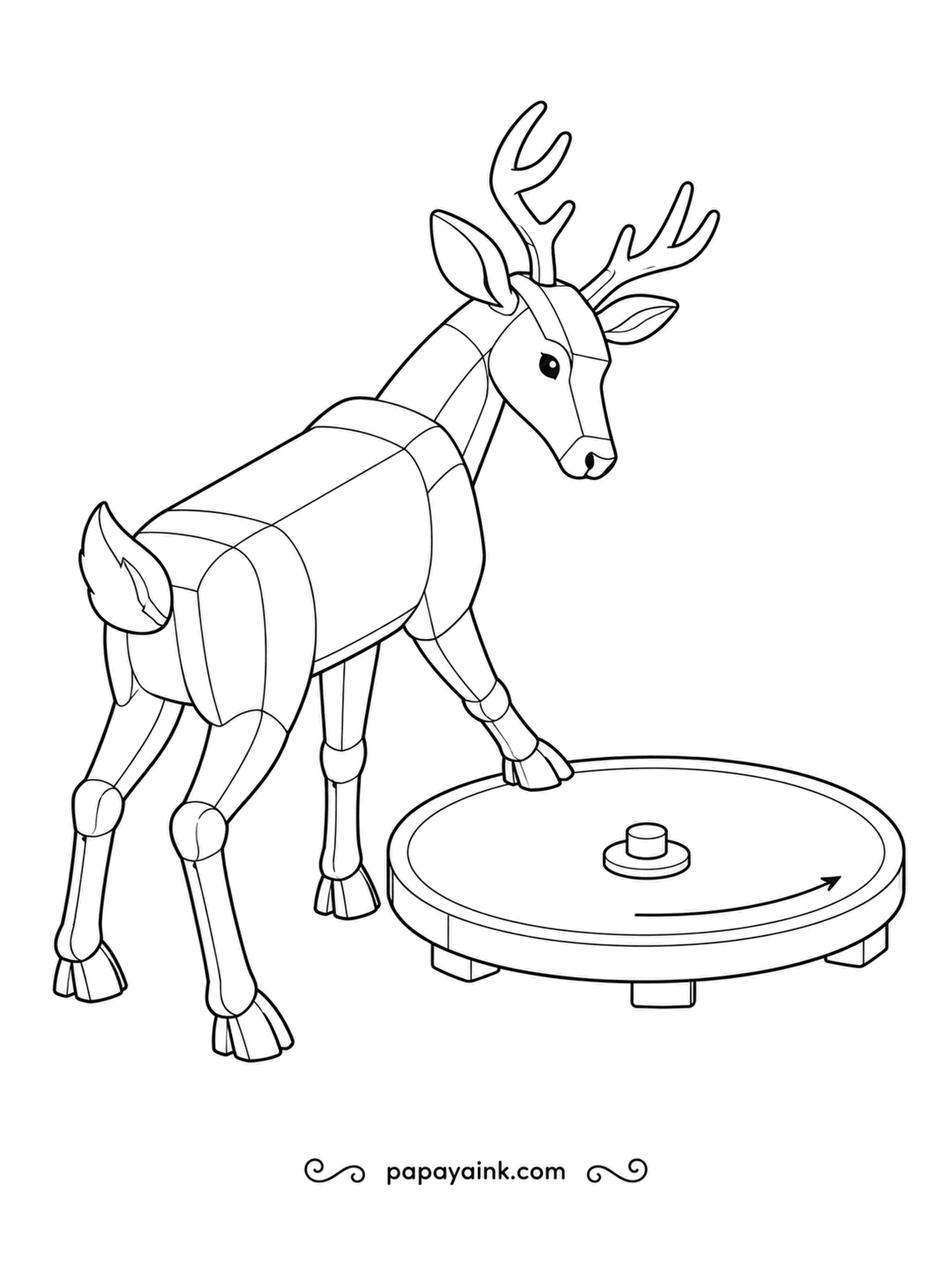 Deer Coloring Pages - A turntable on low feet, a hoof on the rim, an arrow showing the way: the block-built buck spins the platform round. Isometric lines throughout.