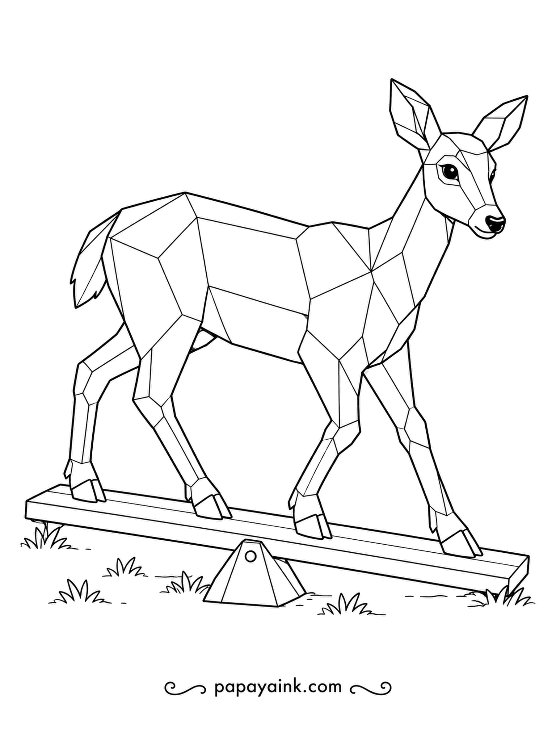 Deer Coloring Pages - Balance practice on a seesaw plank: the faceted deer steps carefully toward the middle as the board begins to tip under its weight. Tufts below. Shade each facet differently.