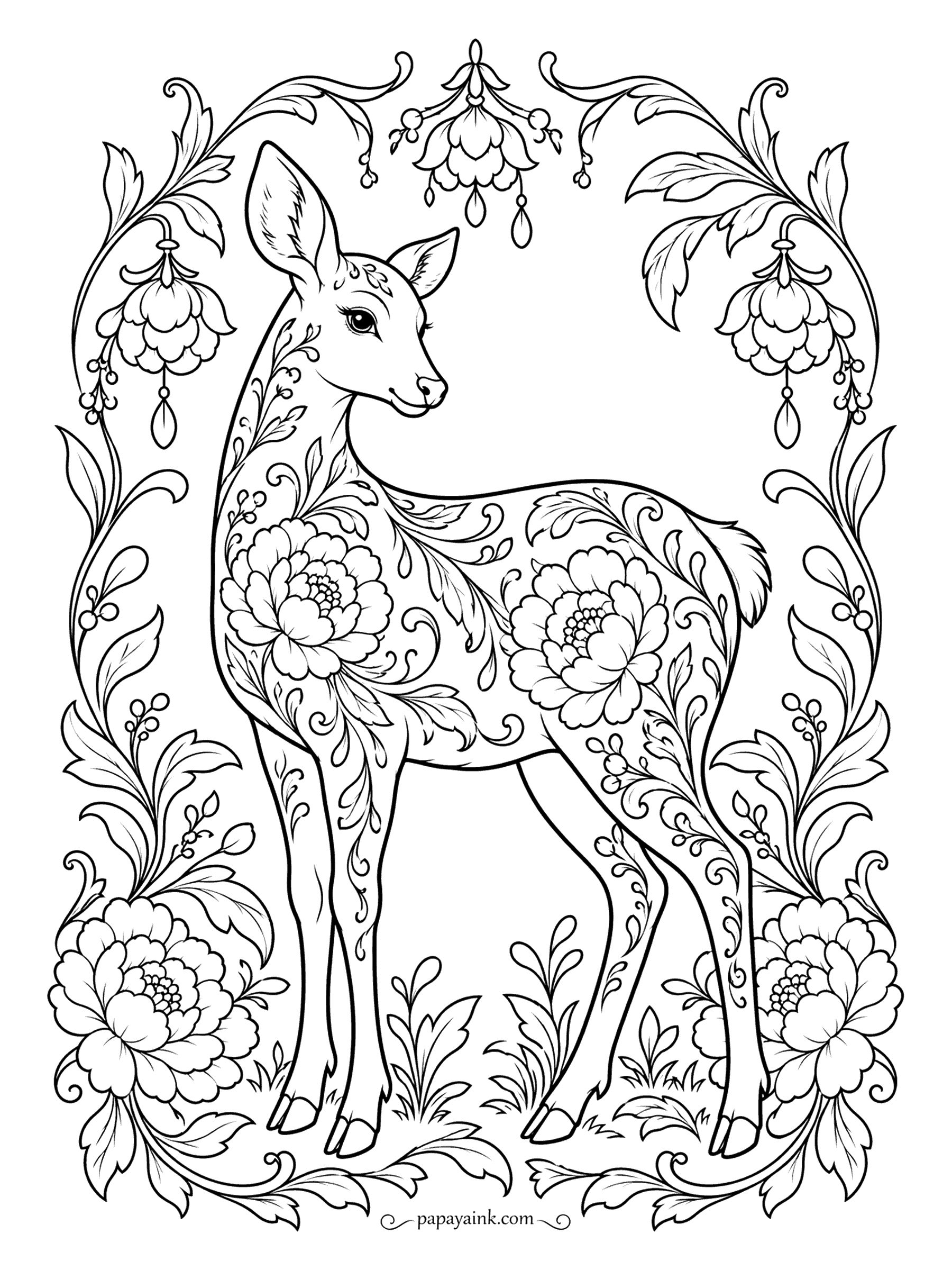 Deer Coloring Pages - Delft-tile doe: her body is filled with peonies and scrollwork, and fuchsia blossoms hang from the vines around her. Blue and white only, if you want the real tile effect.