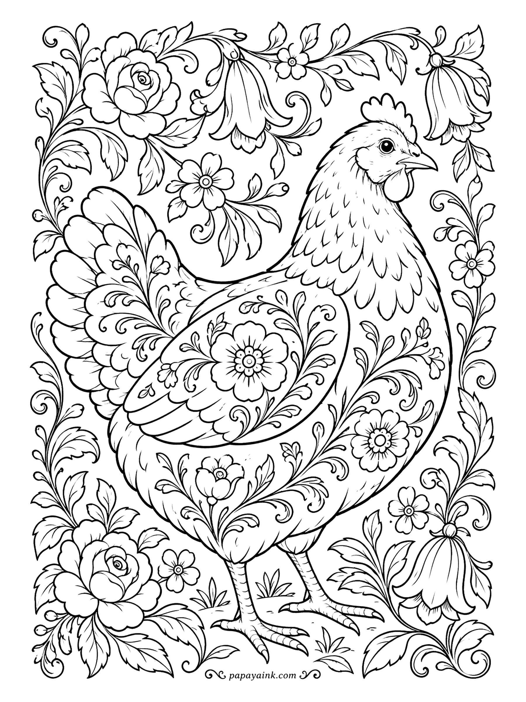 Chicken Coloring Pages - Roses and scrolling vines fill this hen's body in the manner of Delft pottery, with bellflowers trailing around the border. One color family is the classic choice: shades of blue on white. Detailed.