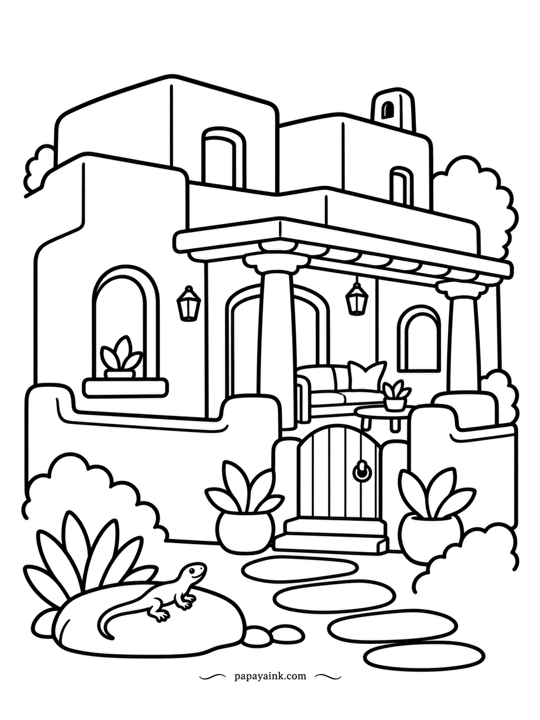House Coloring Pages - Adobe walls, rounded corners, a pergola with lanterns and a wooden gate: a desert house in the Southwest style, with agave by the door and a lizard sunning on a rock. Warm clay for the walls, sky blue for the gate.