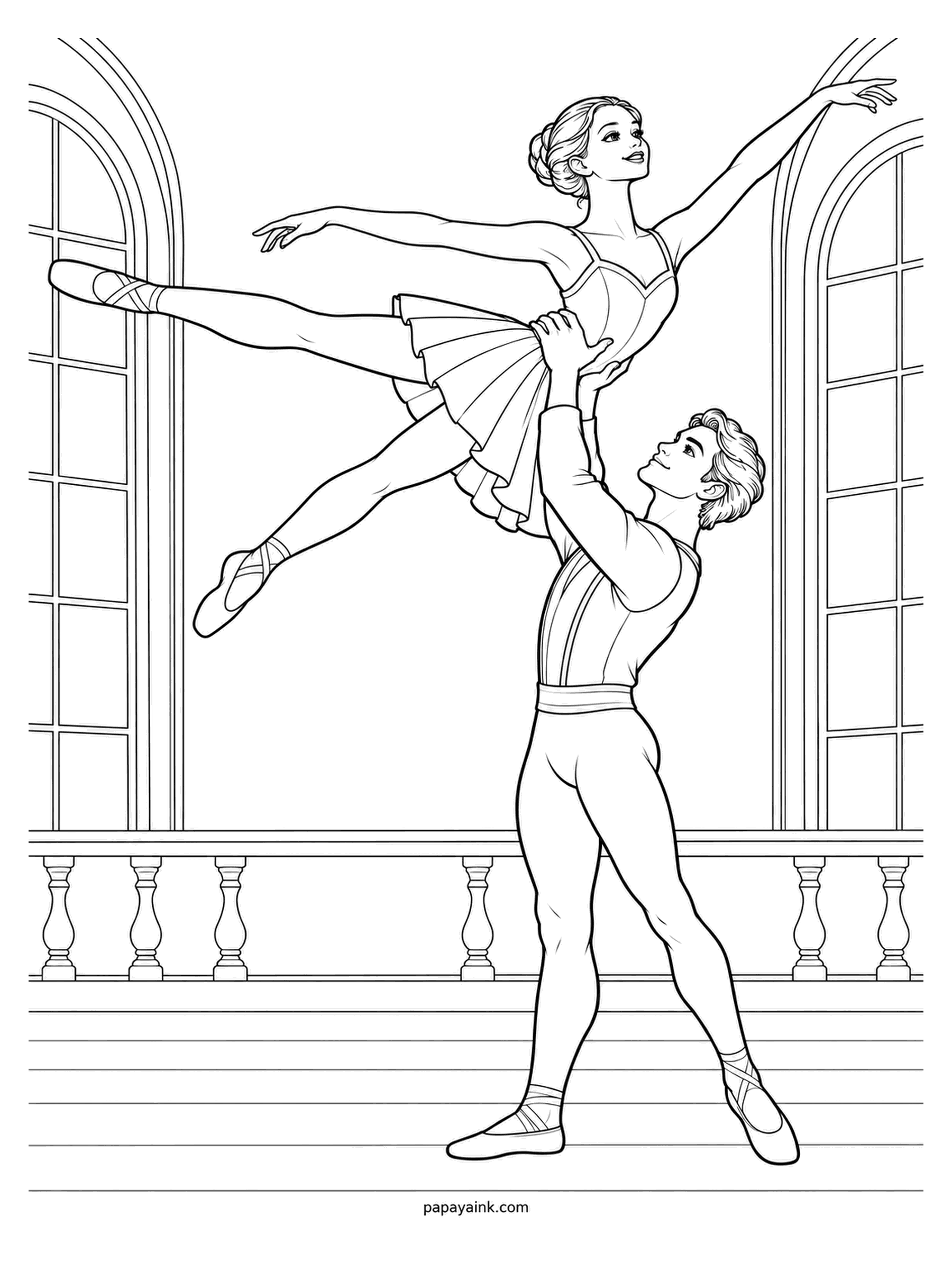 Ballerina Coloring Pages - Lifted high above his shoulders, she opens into a split, and he carries the whole arrangement as if it weighed nothing. His face says this is perfectly normal. Detailed - a balustrade and tall windows run behind the pair.