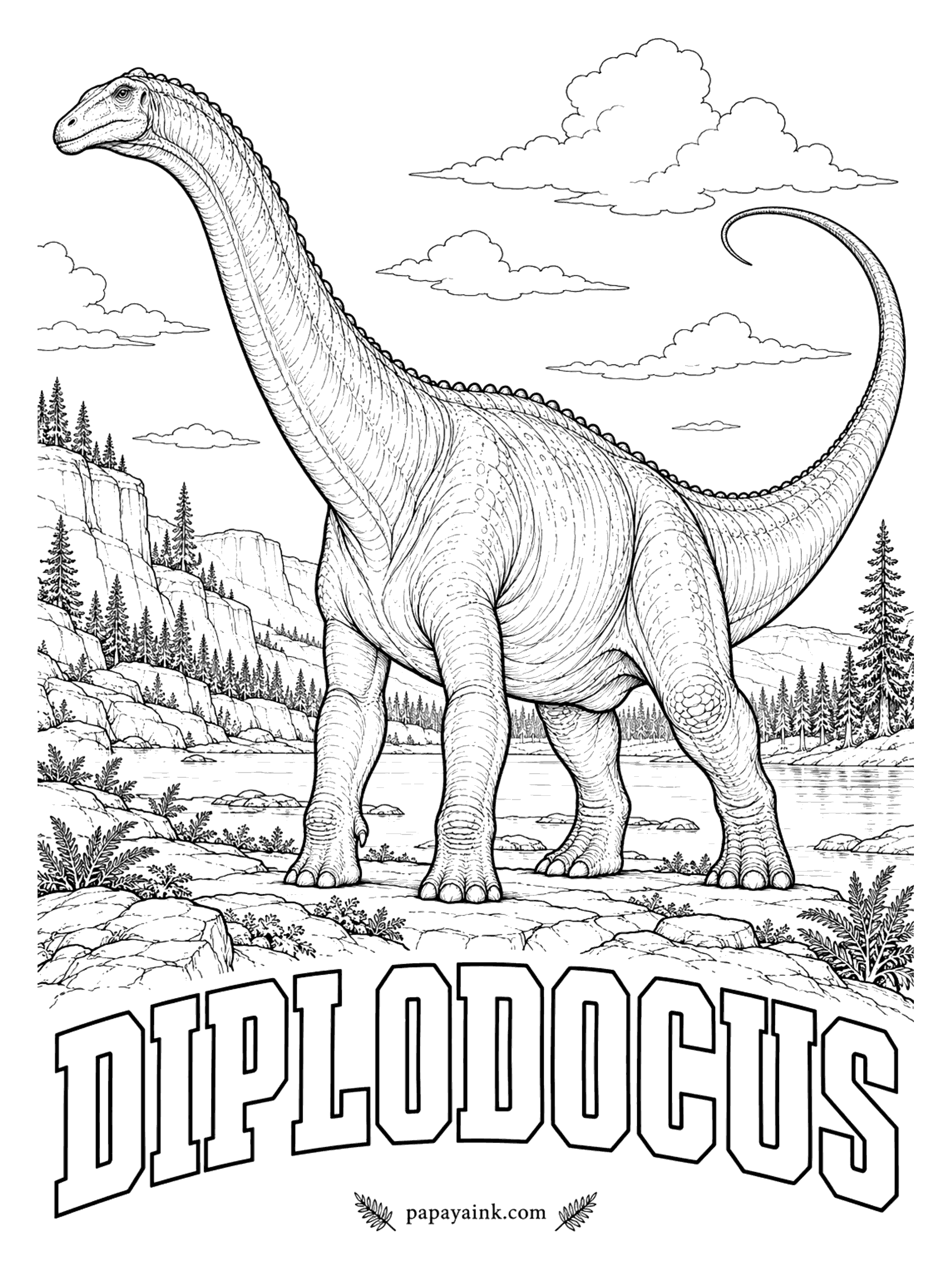 Free Printable Dinosaur Coloring Pages - More than half of this animal is tail. Diplodocus (dih-PLOD-oh-kus, double beam) was a plant-eater up to 85 feet long, and the thin tip of that tail may have lashed at predators like a whip. Western North America, about 150 million years ago.