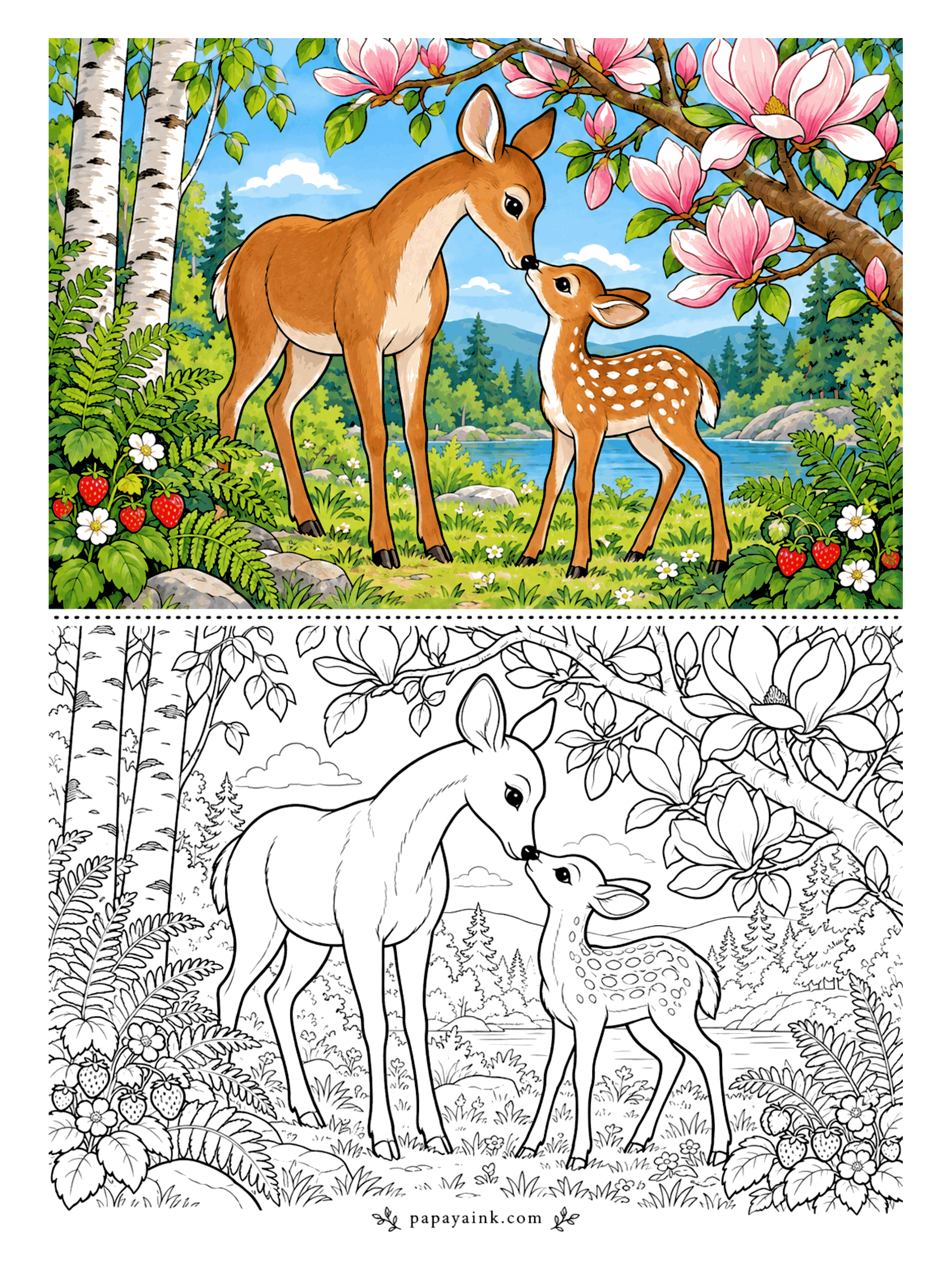 Deer Coloring Pages - The magnolia is in bloom, and the doe bends to touch noses with her spotted fawn beside silver birches. Wild strawberries grow at the foot of the frame. Tan coats and cream bellies, white spots left blank - Detailed.