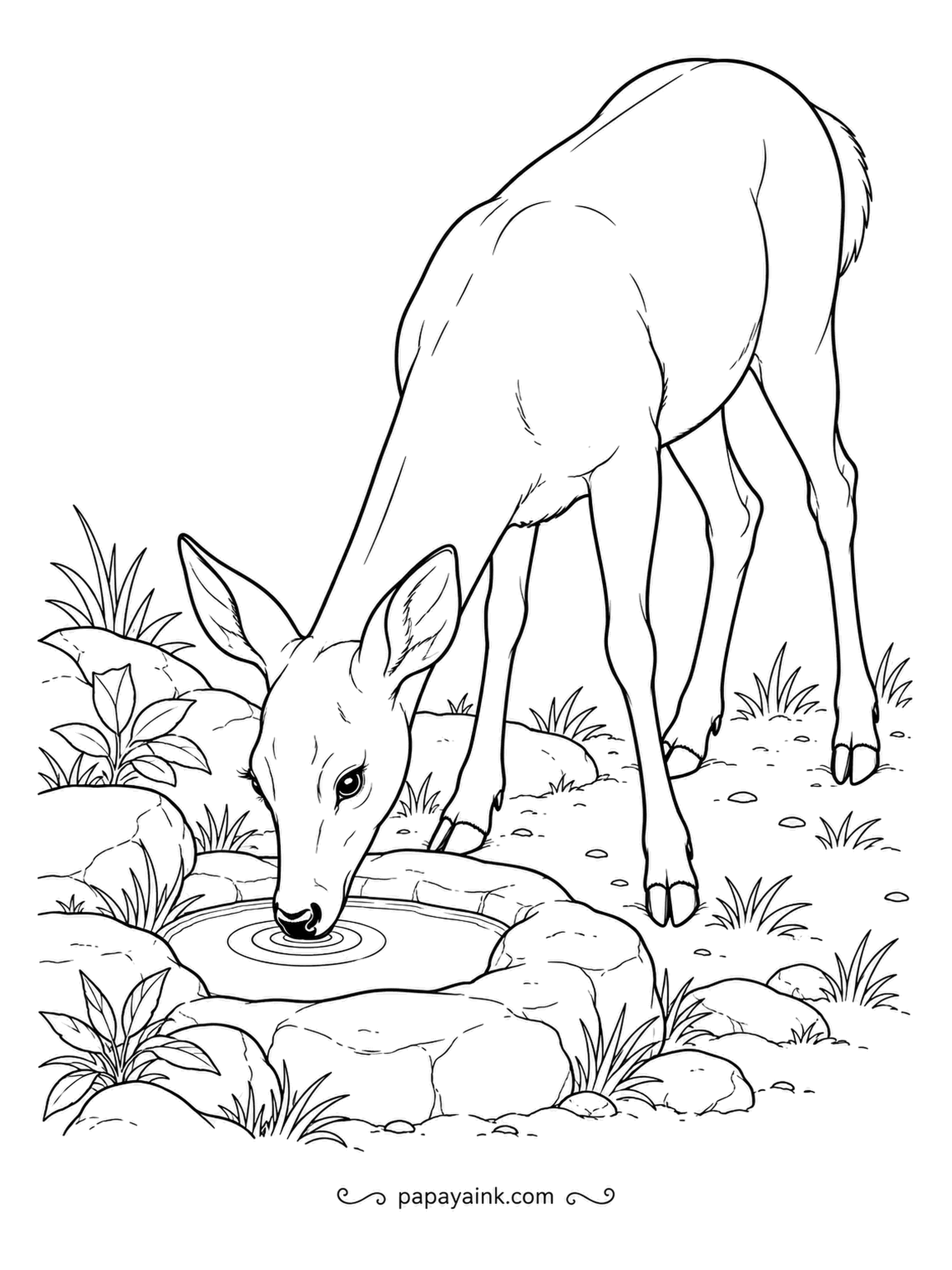 Deer Coloring Pages - Rainwater collects in a hollow among the rocks, and a doe lowers her head for a long drink, ripples spreading outward. Realistic, detailed scene with ferns and grass.