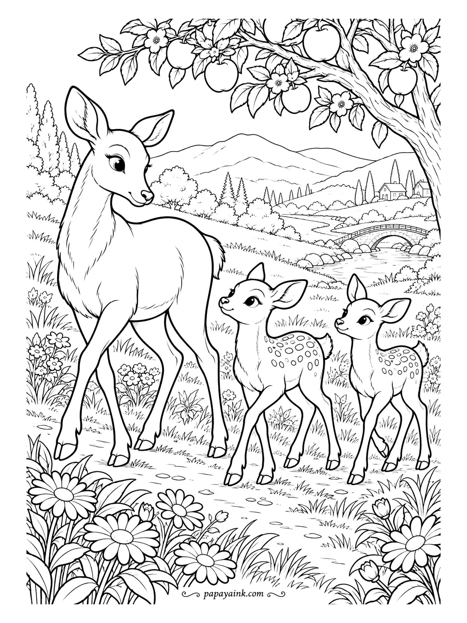 Deer Coloring Pages - Mother and twin fawns in a meadow under an apple tree, with a stone bridge and cottages in the valley behind. A full landscape in one sheet. Detailed.