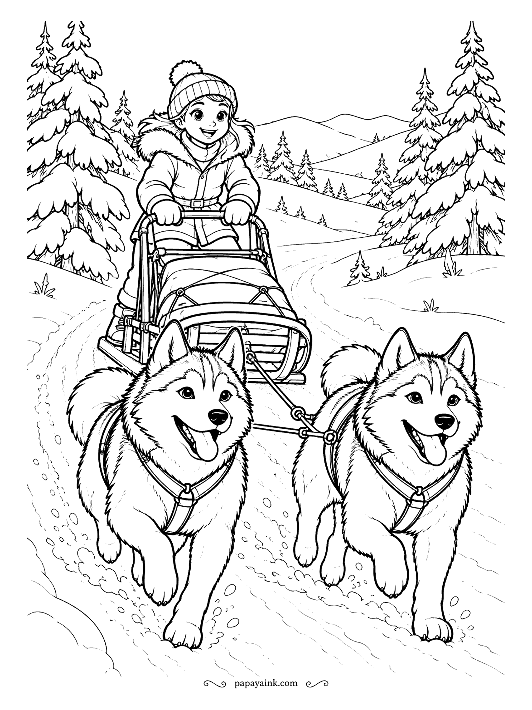 Free Printable Winter Coloring Pages - Two huskies in harness lean into the run while the musher rides the runners behind, firs flashing past on both sides. Thick fur gives the dogs plenty of texture. Gray and white on the huskies, with the eyes left bright.