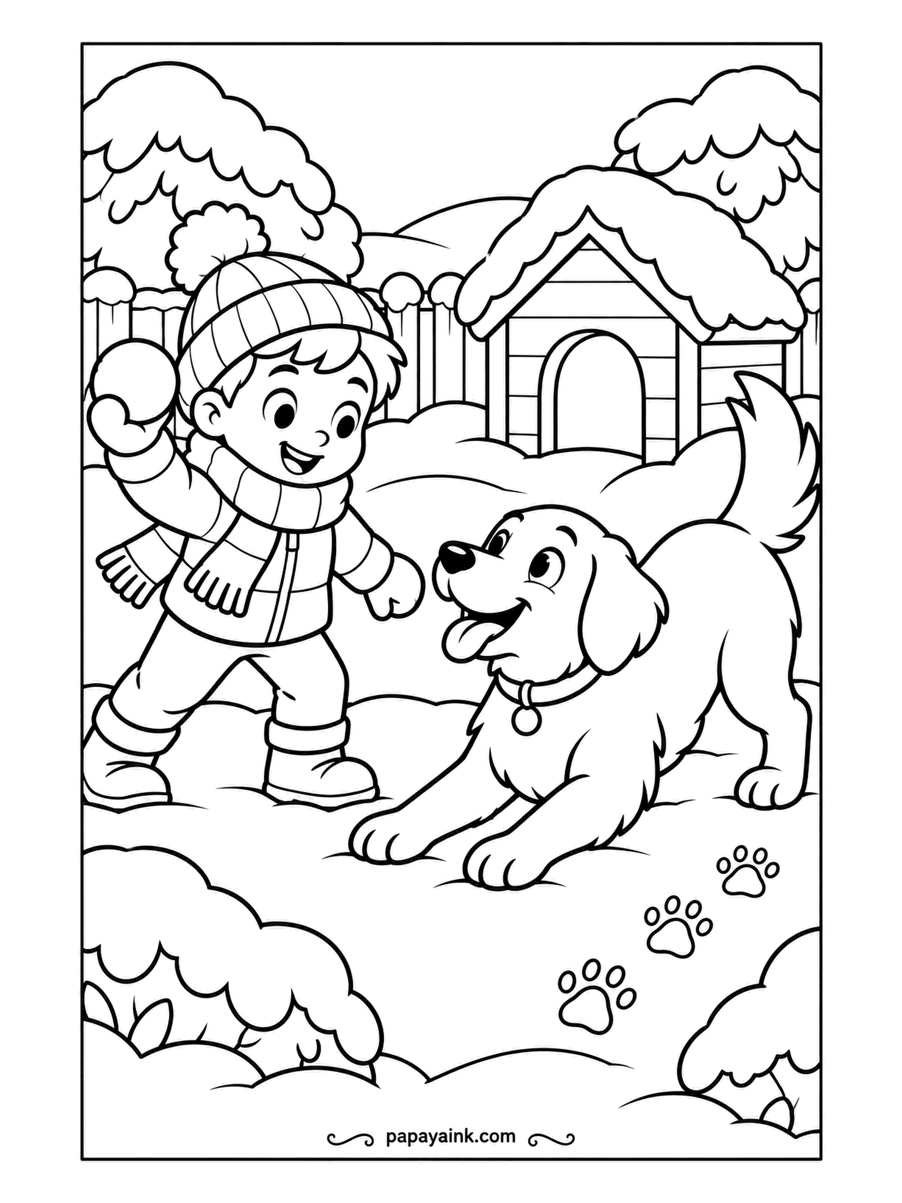Free Printable Winter Coloring Pages - Boy with a snowball wound up, dog already in the play bow, and a doghouse under a cap of snow that shows who really lives here. Paw prints lead off the bottom edge. Give the dog a warm coat color against the drifts.