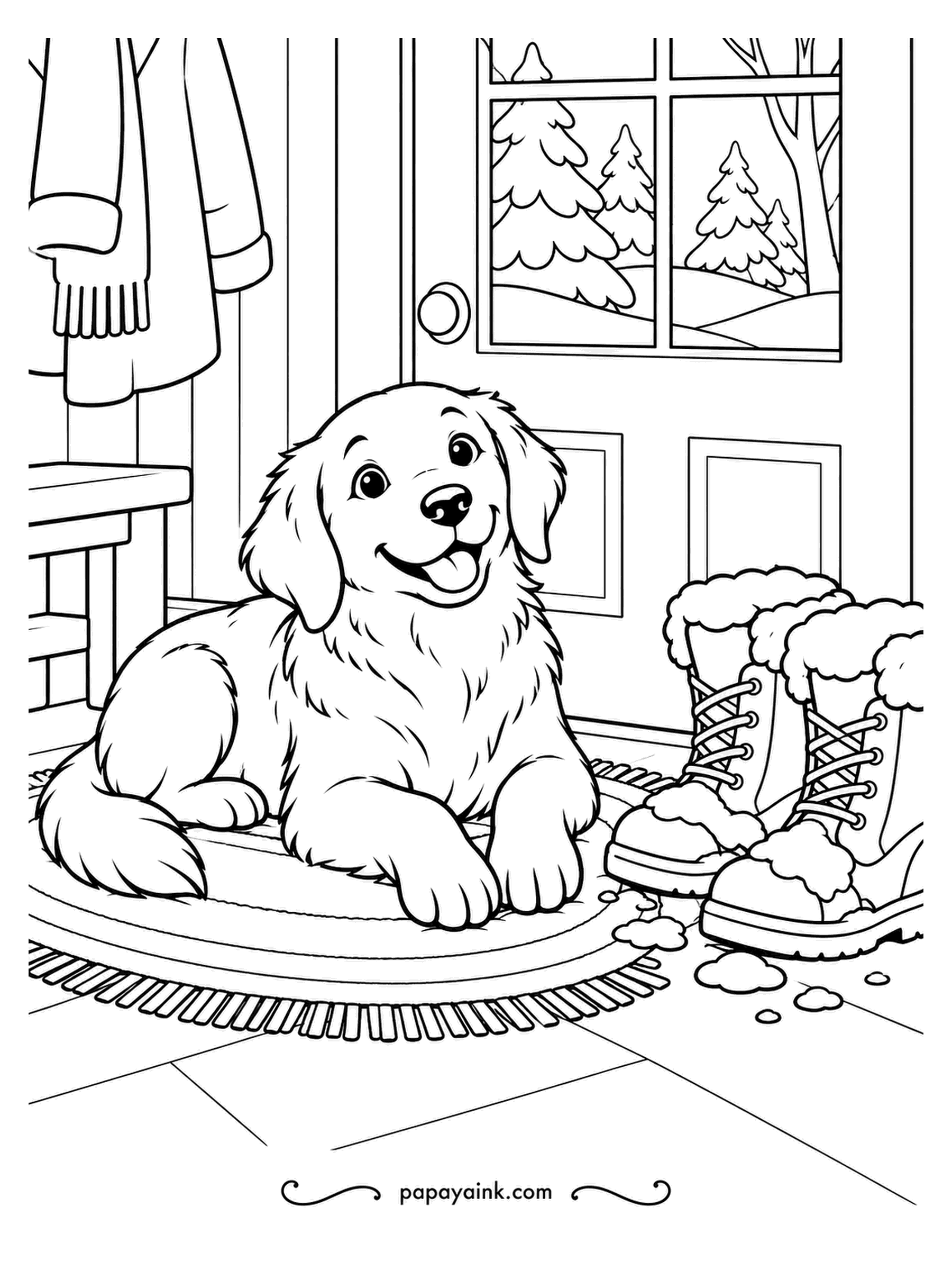 December Coloring Pages - Back from the walk. The golden retriever has the rug, the boots have the puddle, and the coats drip quietly on their hooks. Layer cream and gold on the fur, with a little gray where the snow is melting off the boots.