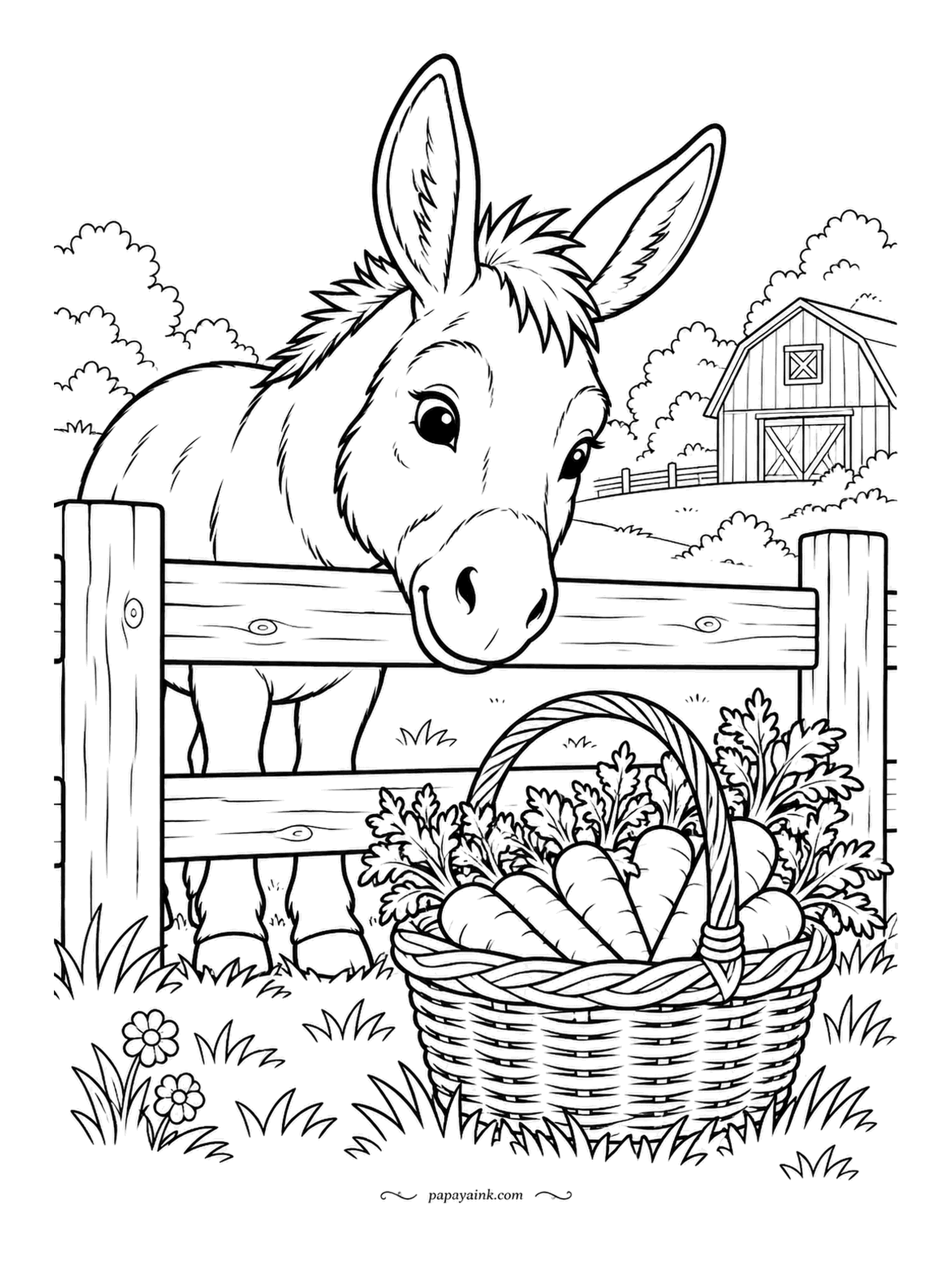 Farm Coloring Pages - Donkey leaning over the top rail toward a basket of carrots that is just out of reach. Ears up, lower lip in motion. Gray body, a darker cross down the back, and bright orange where the carrots are winning.