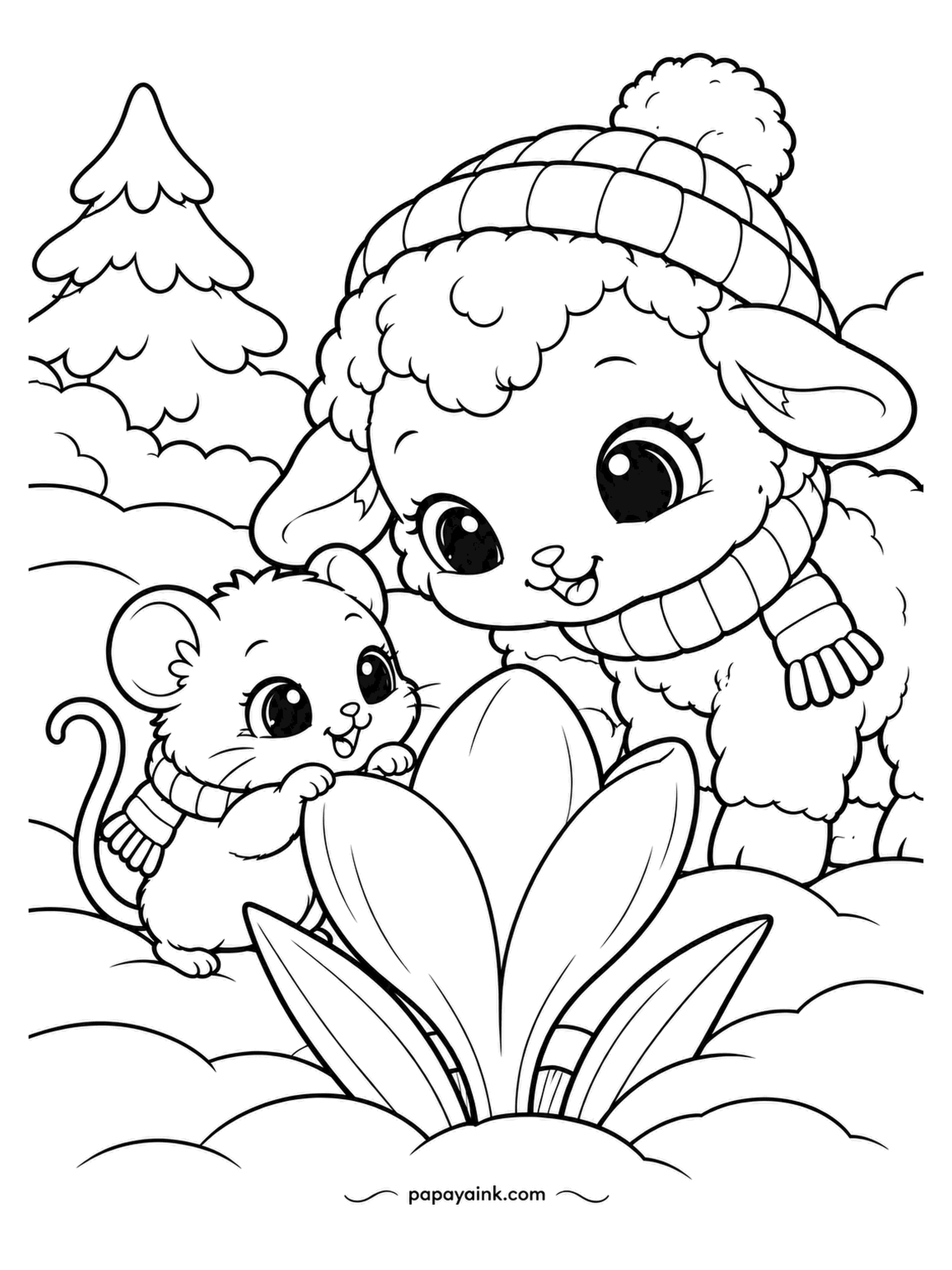 Kawaii Winter Coloring Pages - First crocus of the year, still closed, and a dormouse and a lamb are leaning in to check. Nothing has happened yet. Nothing will for a while. Purple or yellow on the bud, both are correct, and the dormouse is gold.