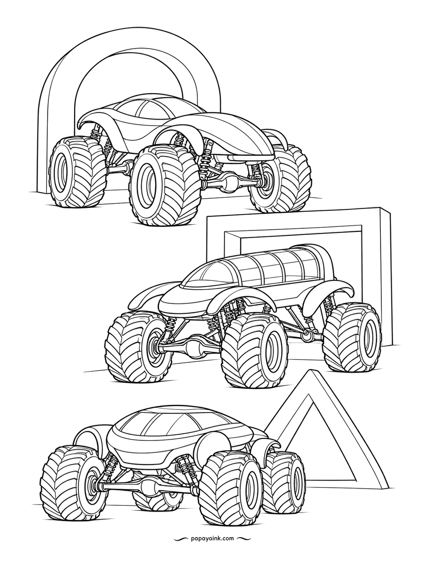 Monster Truck Coloring Pages - Toy city with three gates - arch, square, triangle - and a truck lined up at each. The double-arc coupe at the top is already through its gate. Give every gate its own bright shade.