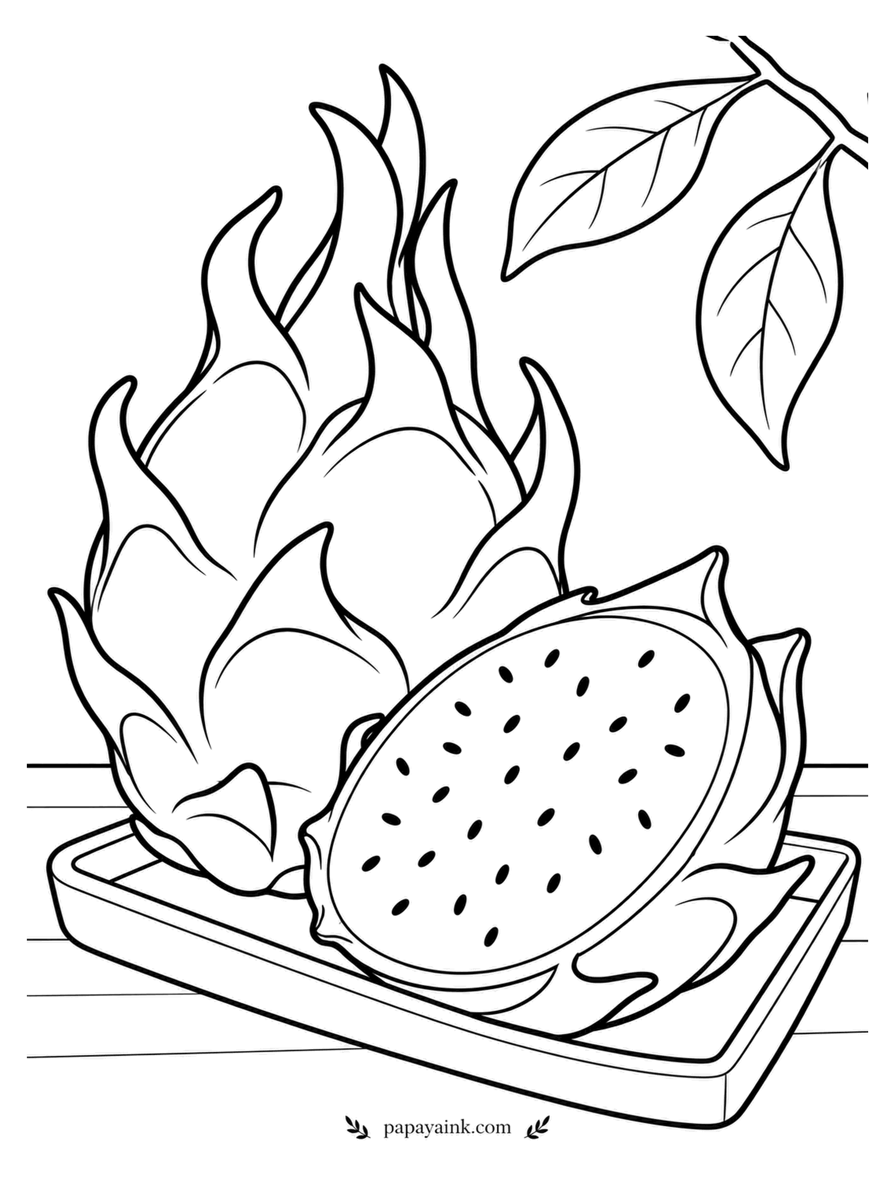 Fruit Coloring Pages - Two dragon fruits and a half with white flesh and black seeds on a tray, a branch above. The skin looks like it is wearing flames because the plant is a climbing cactus and the scales are its leftover petals. Hot pink skin, green tips on the scales.