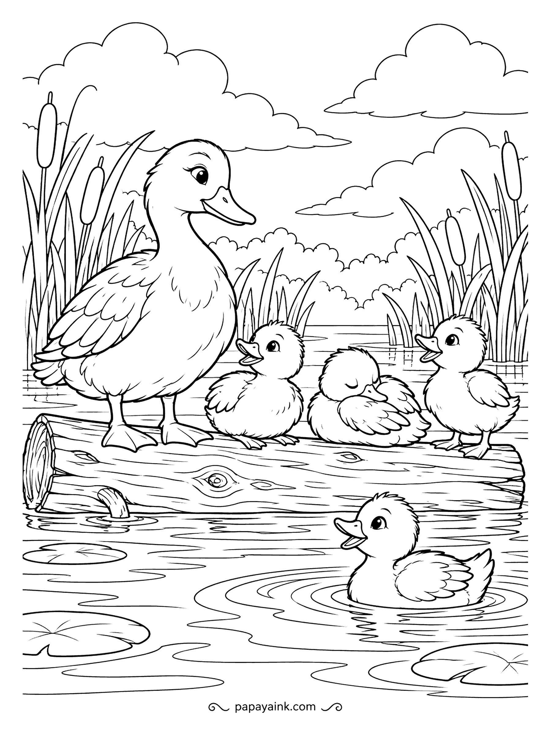 Duck Coloring Pages - Four ducklings, one log, and not quite enough room. Mother keeps her place at the end while one duckling dozes, two chatter, and the last has given up and gone for a swim. Soft ripples and round lily pads cover the water.