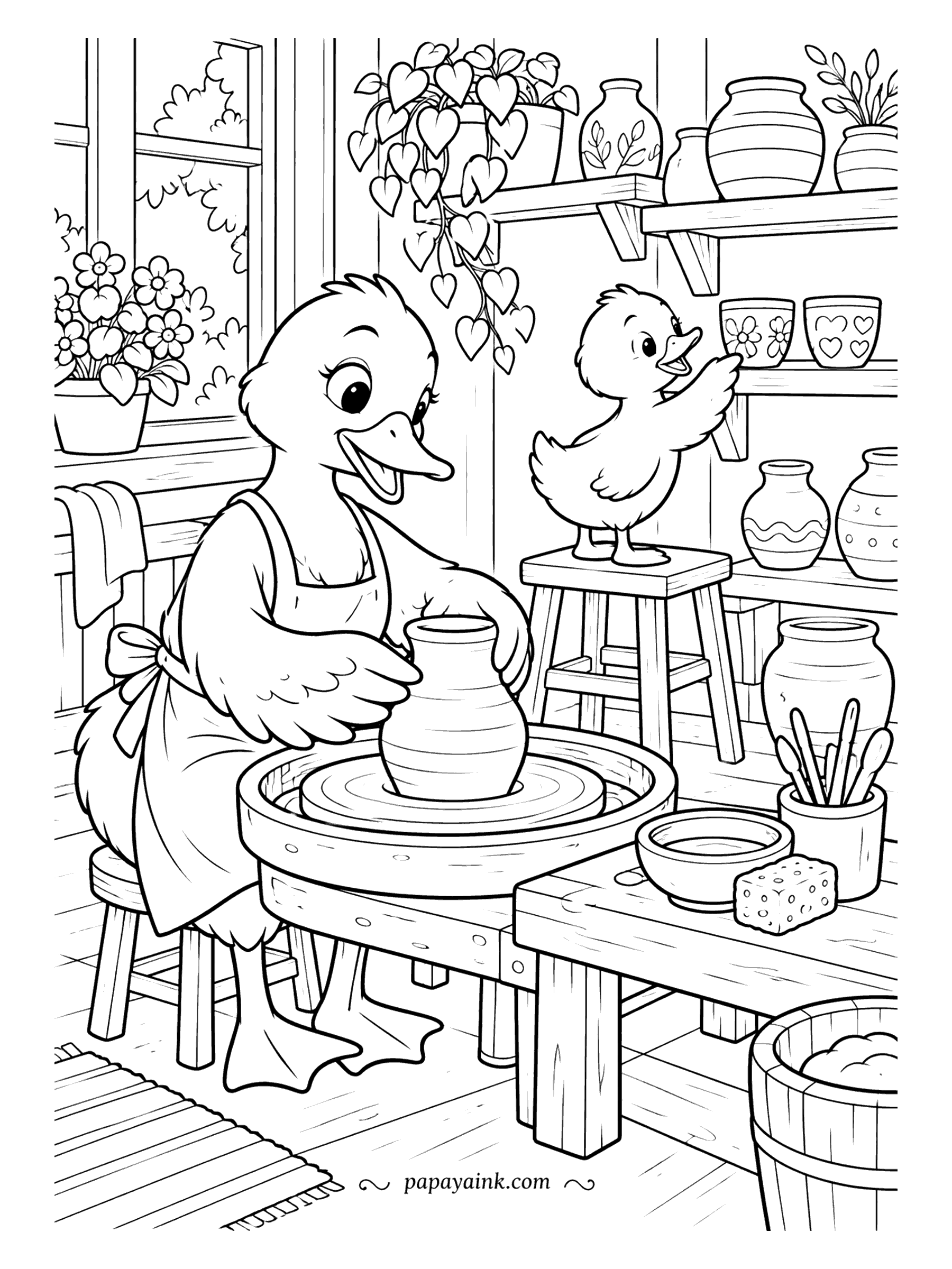 Duck Coloring Pages - Clay on the wheel, a vase rising under careful wings, and a duckling on the stool pointing at the cups it wants painted next. Shelves of finished pots fill the studio behind. Try terracotta and earthy browns for the pottery.