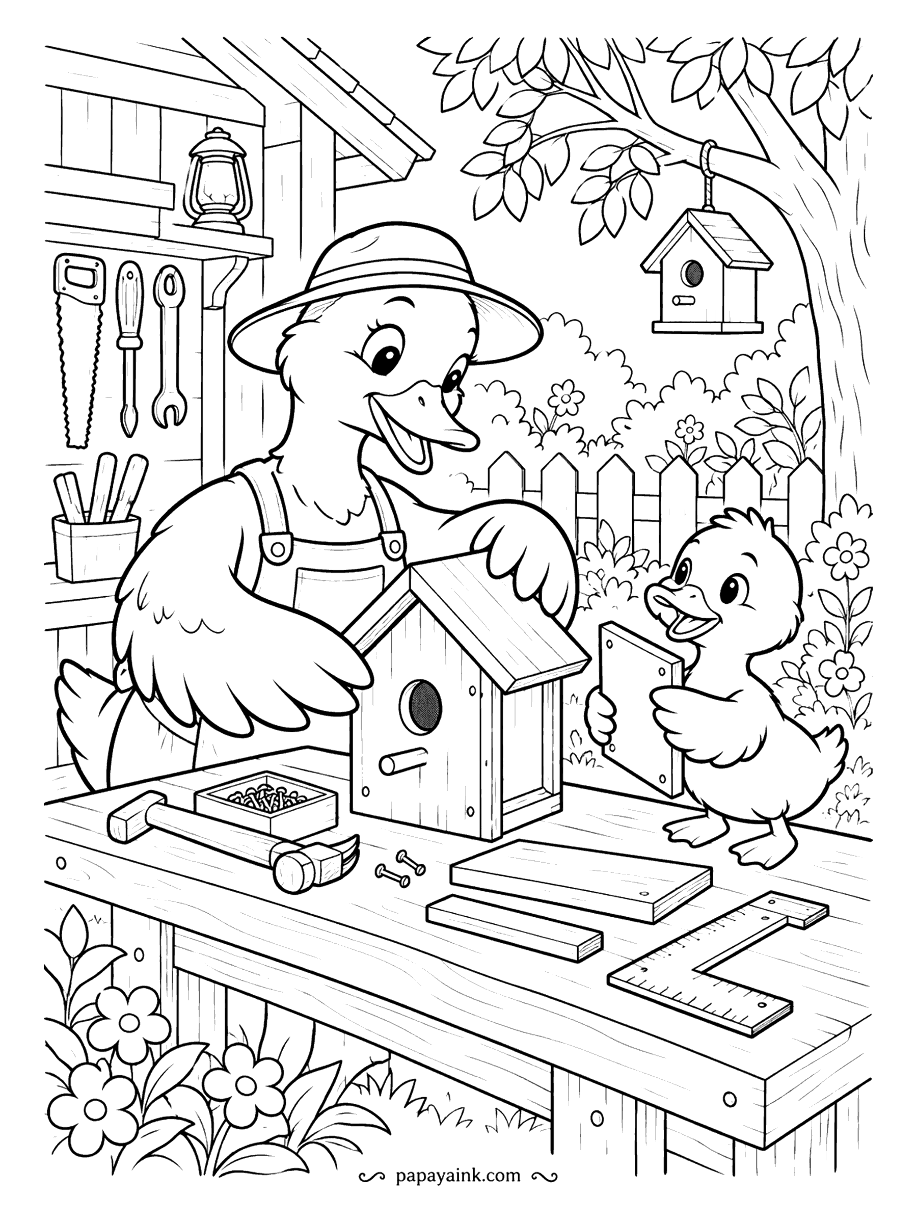 Duck Coloring Pages - Birdhouse number two is nearly done; the first one already hangs in the tree outside. A duck in overalls fits the roof while a duckling hands over the next board. Wood grain is fun to draw in with a brown pencil.