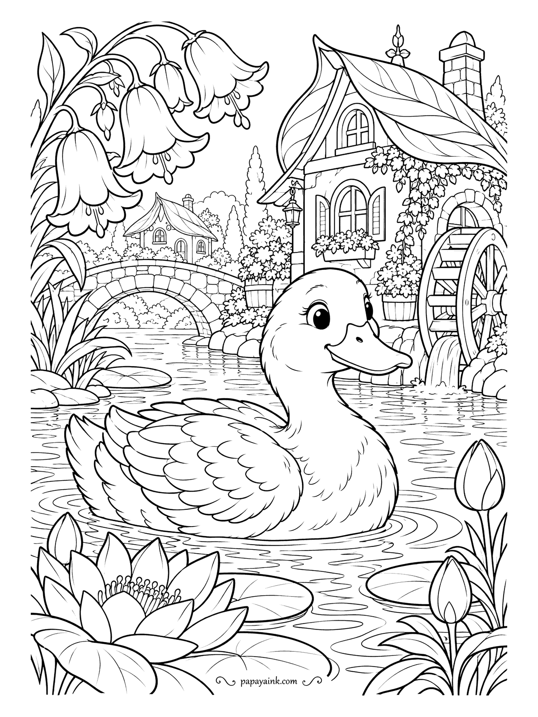 Duck Coloring Pages - Gliding past a stone bridge and a cottage mill with a turning wheel, this duck swims under a canopy of bellflowers, with a lotus in the foreground. Lots of small windows, stones and petals to fill. Detailed.