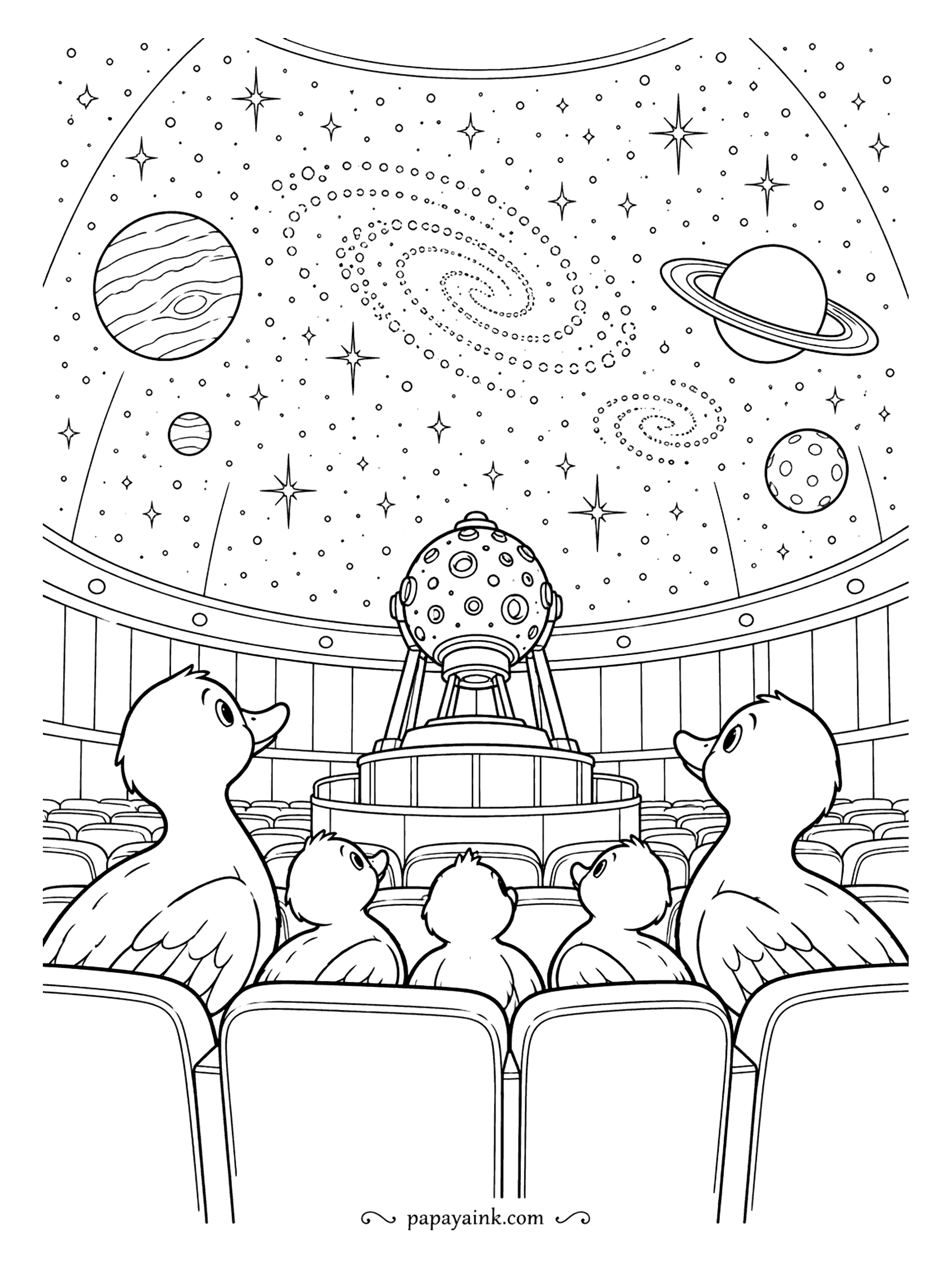 Duck Coloring Pages - Lights down, a dome full of planets and spiral galaxies, and a whole duck family watching from the back row. The star projector in the middle looks like a spiky moon. Try a dark sky with the stars left white.
