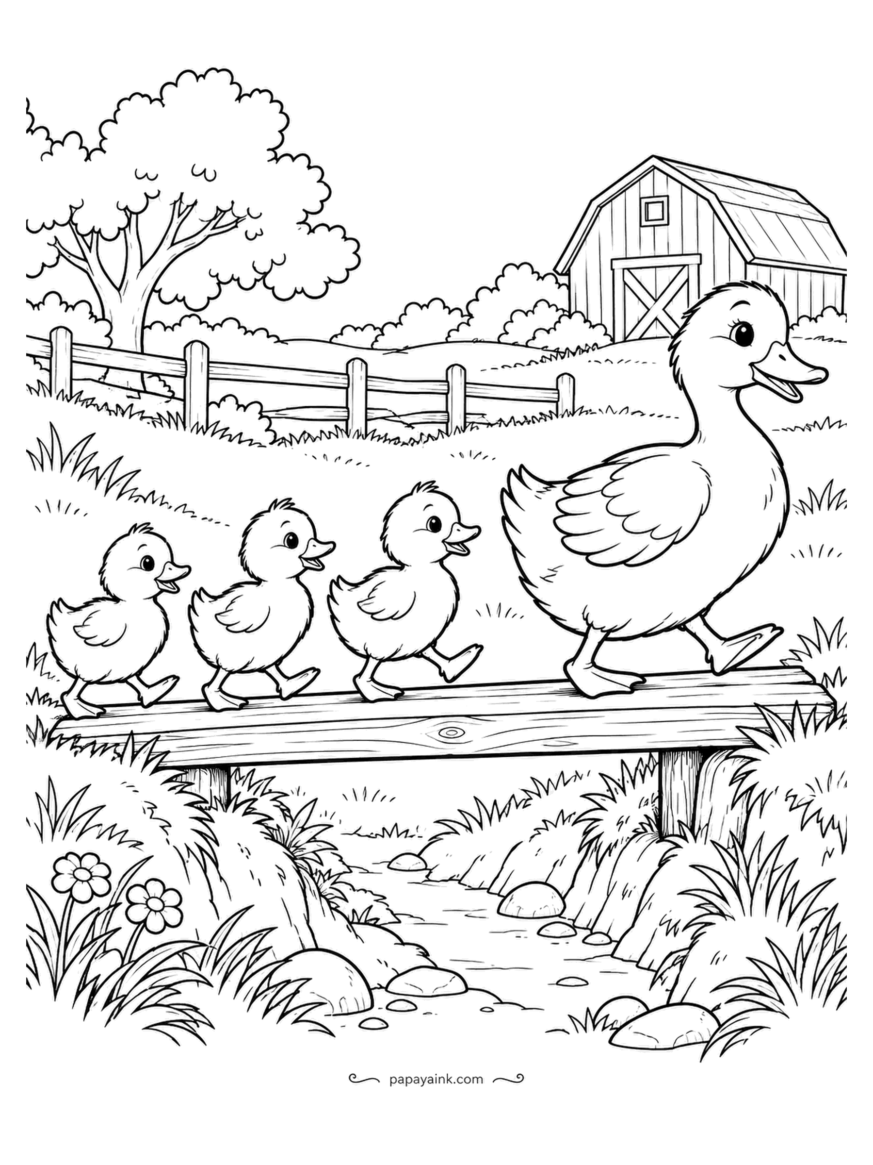 Farm Coloring Pages - Duck and three ducklings crossing a single plank over a ditch, nobody looking down. The small ones take short steps; the big one has already reached the far end. Yellow for the ducklings, brown or cream for the mother, the water a thin wash.