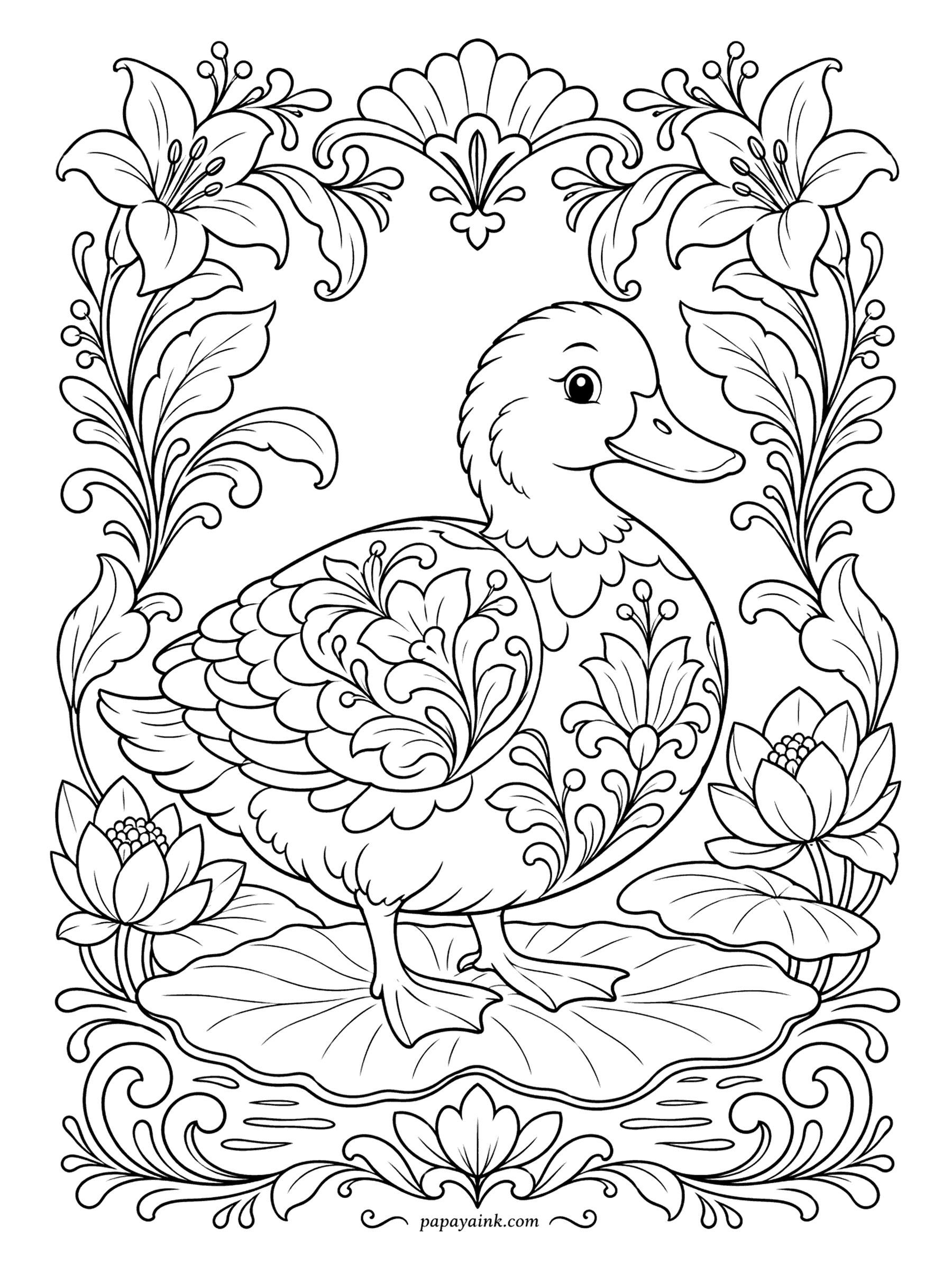 Duck Coloring Pages - An ornamental border of lilies, scrolls and lotus buds frames a duck whose body is filled with its own floral pattern. One color in several shades - blues like Delft pottery - makes it look finished. Detailed.