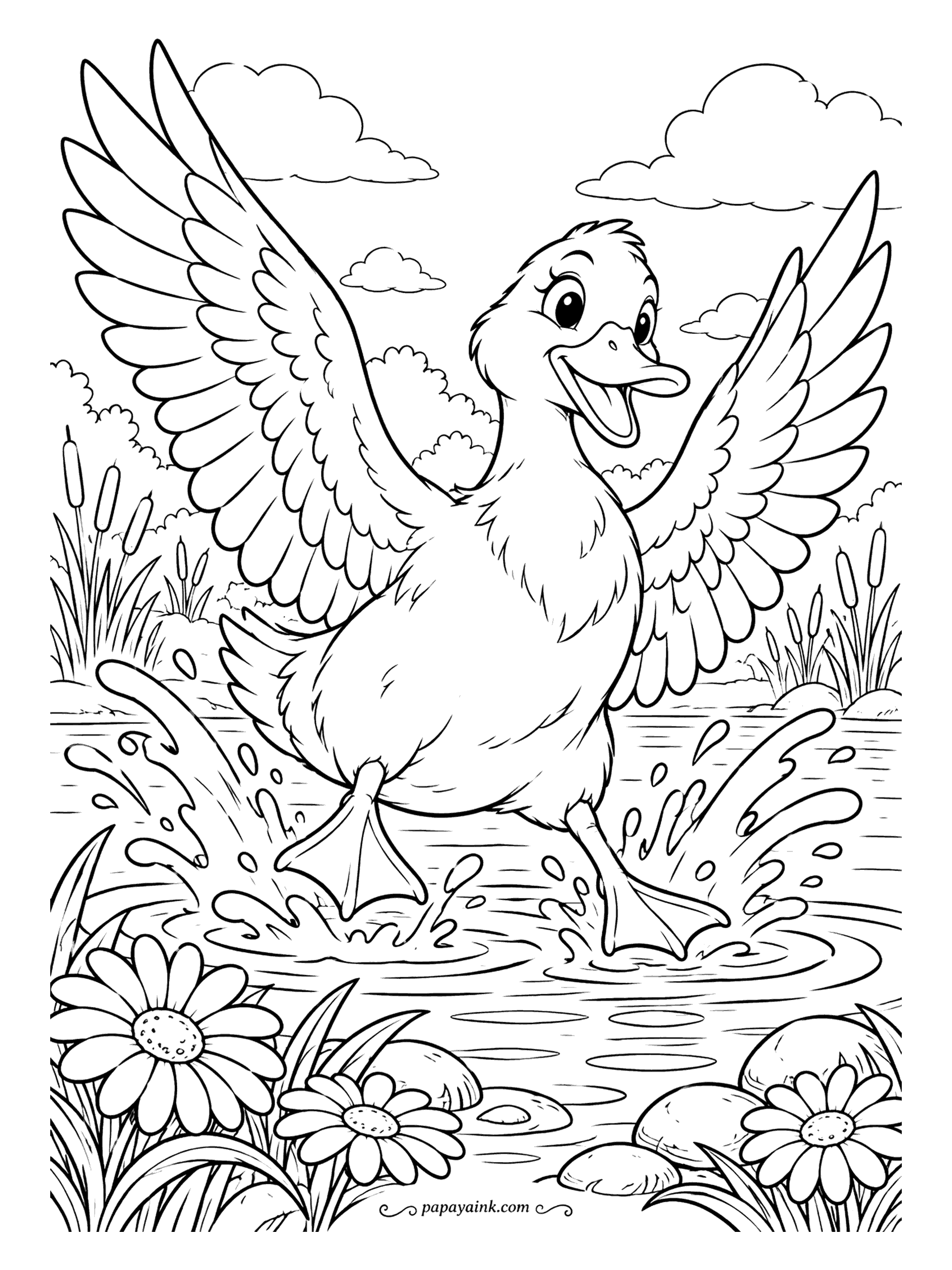 Duck Coloring Pages - Wings wide and feet first, a duck touches down on the pond in a burst of spray, with daisies and stones along the shore. Leave the splash white against darker water so the movement shows.