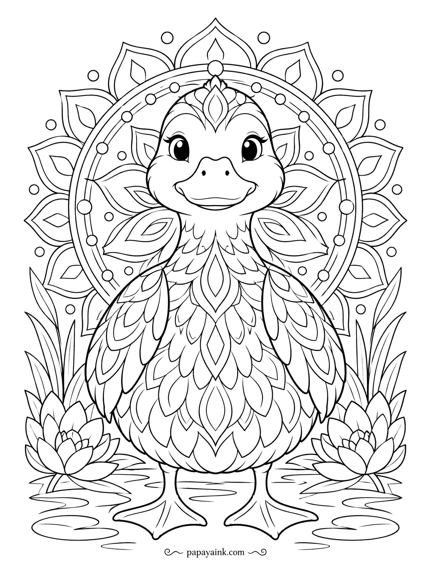 Duck Coloring Pages - Looking straight at you from the center of a mandala, this duck wears a halo of pointed petals and dots, with lotus flowers at her feet. Work outward from the face in two or three repeating colors to keep the symmetry.