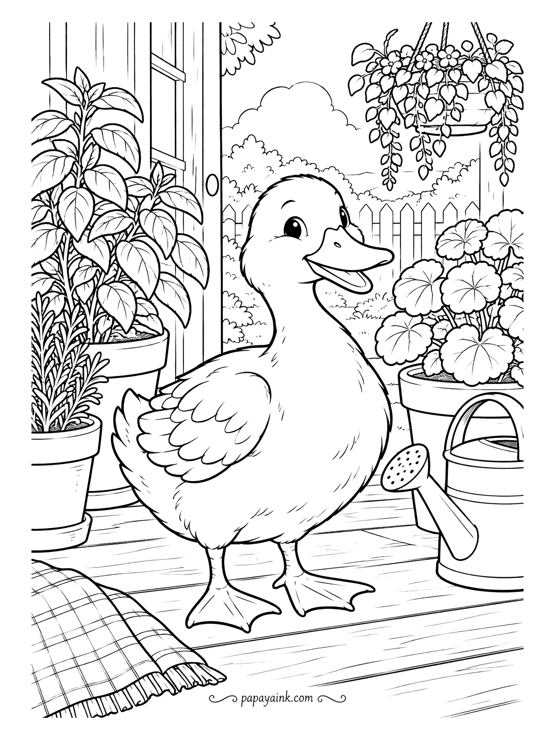 Duck Coloring Pages - Basil, rosemary and geraniums crowd the porch where a duck has wandered up to the back door, next to a watering can. Keep the duck pale and let the pots and leaves carry the color.