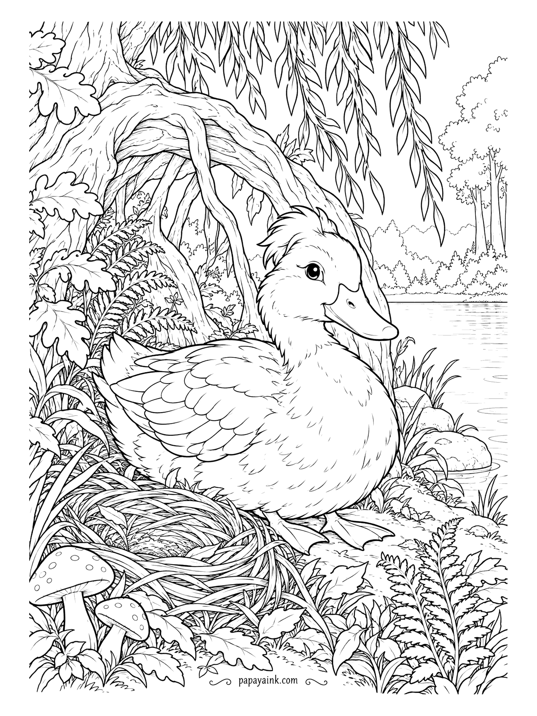 Duck Coloring Pages - Tucked beneath the roots of a willow, a duck sits on her nest among ferns, oak leaves and spotted mushrooms, with the lake and a far shore behind. One to take slowly. Detailed.