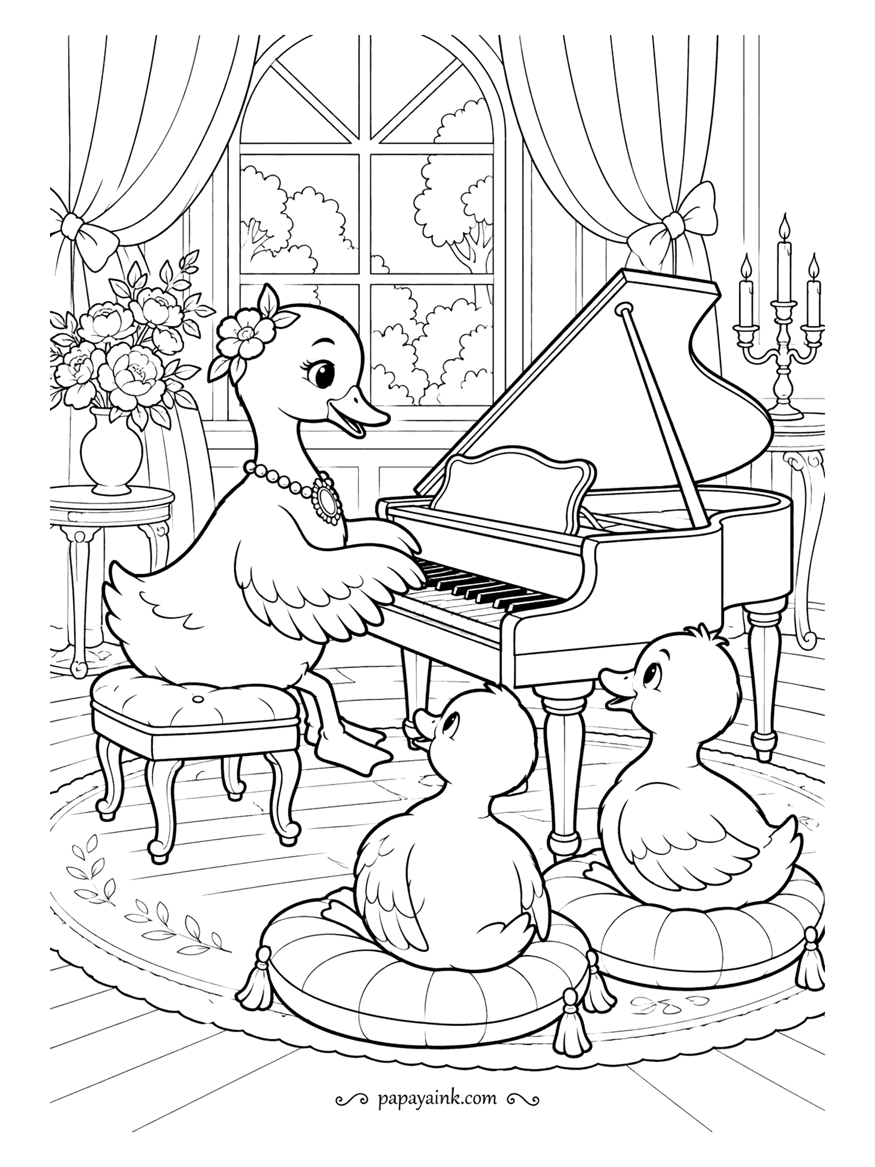 Duck Coloring Pages - Afternoon recital in the music room. A duck in pearls plays the grand piano while two ducklings sit on tasseled cushions and listen without a single quack. Detailed - curtains, candles and carved piano legs.