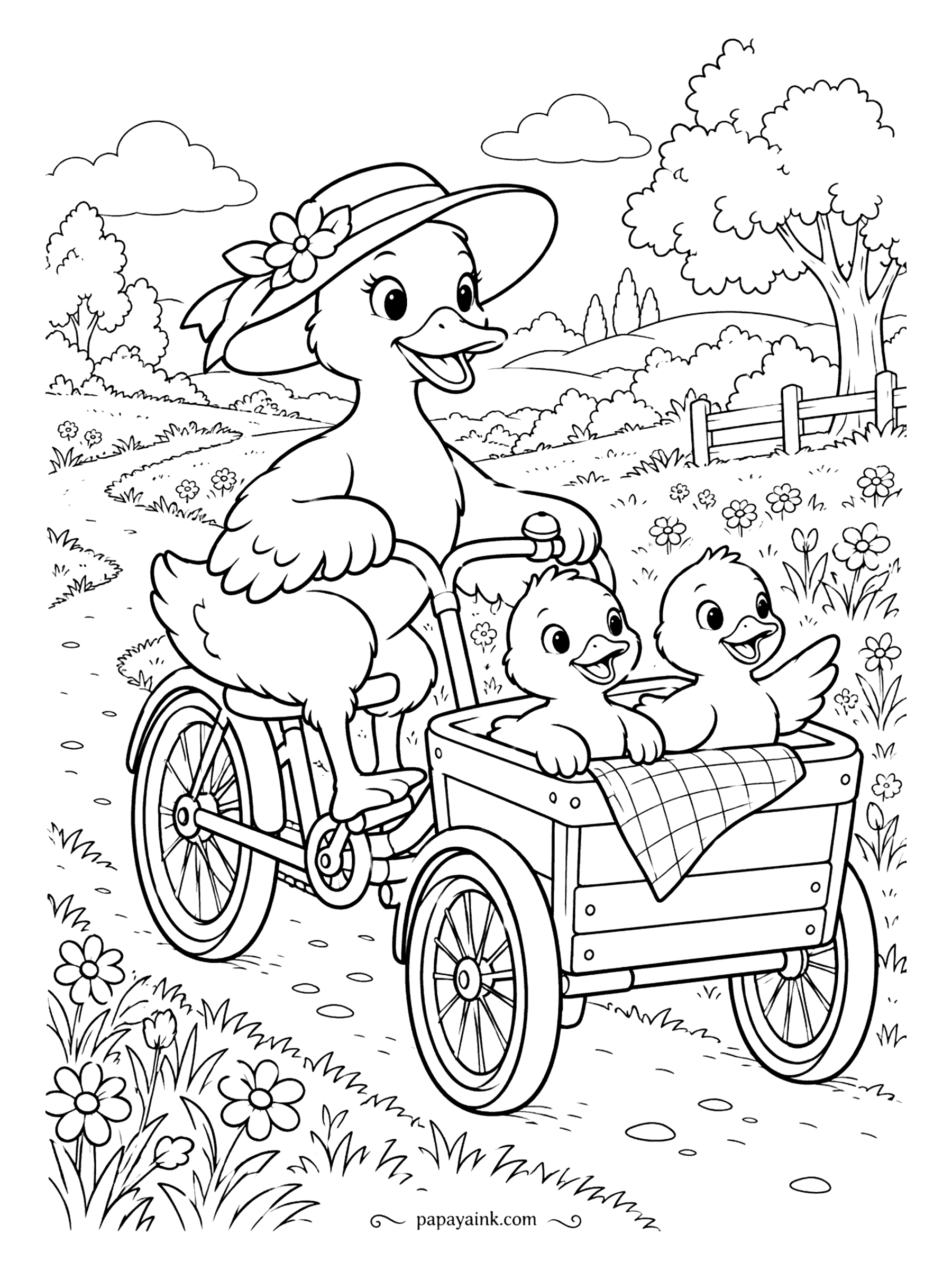 Duck Coloring Pages - Cargo bikes were built for groceries, but this one carries two ducklings and a checkered blanket down a country lane. The driver in the flower hat keeps the bell ready. Lots of wildflowers along the path.