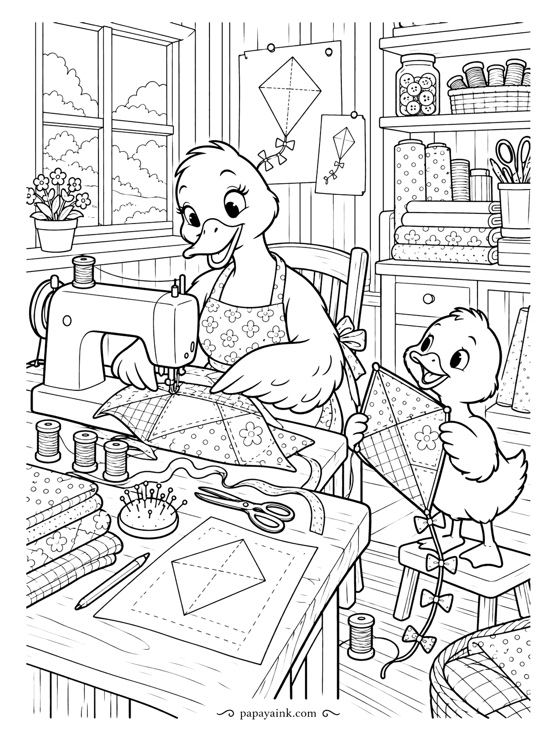 Duck Coloring Pages - The pattern on the table says kite, and the sewing machine is turning patchwork into exactly that. A duckling already holds the first finished one, bow tail and all. Mix dots, checks and flowers on the fabric panels.