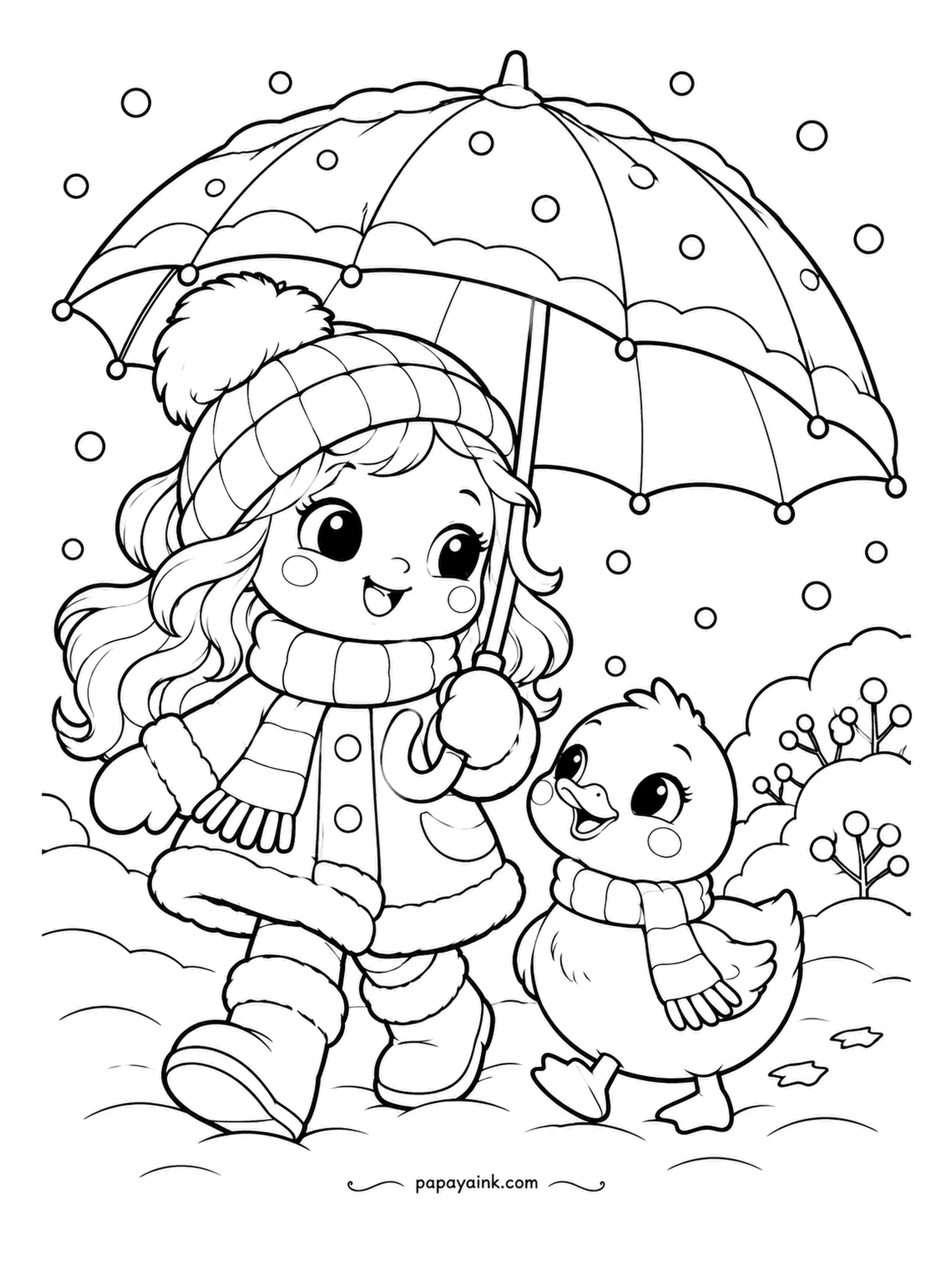 Cute Winter Coloring Pages - Shared umbrella: a girl in a long coat walks through the snowfall with a duckling in a scarf at her feet, both inside the dry patch. Bushes with berries beyond. Yellow duck, and the umbrella in the loudest color you own.