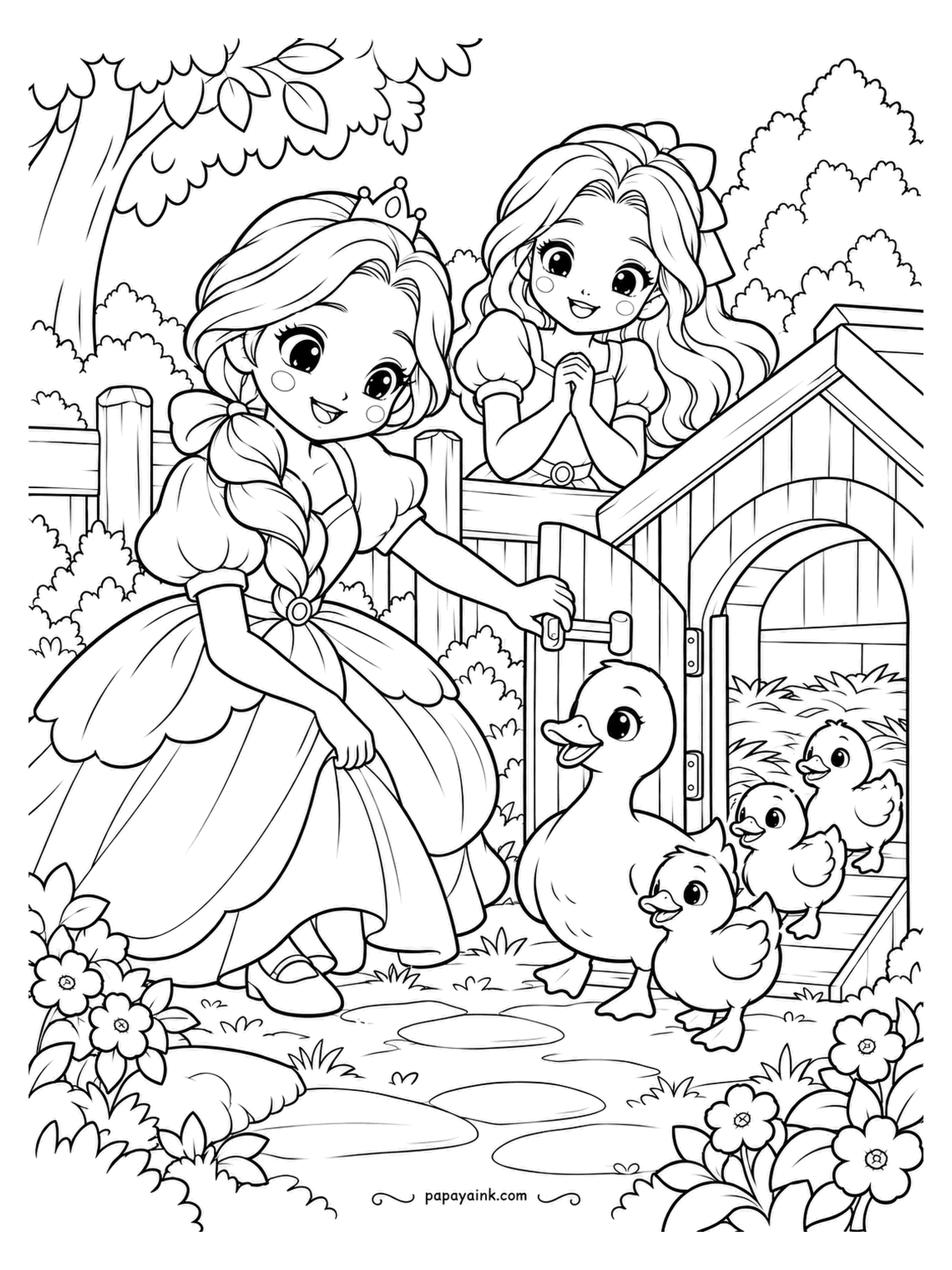 Kawaii Princess Coloring Pages - Morning roll call at the duck house. The princess with the braid swings the little door open, the mother duck leads three ducklings out into the sun, and her friend behind the fence is counting them. Ducklings want a single soft yellow and nothing else.