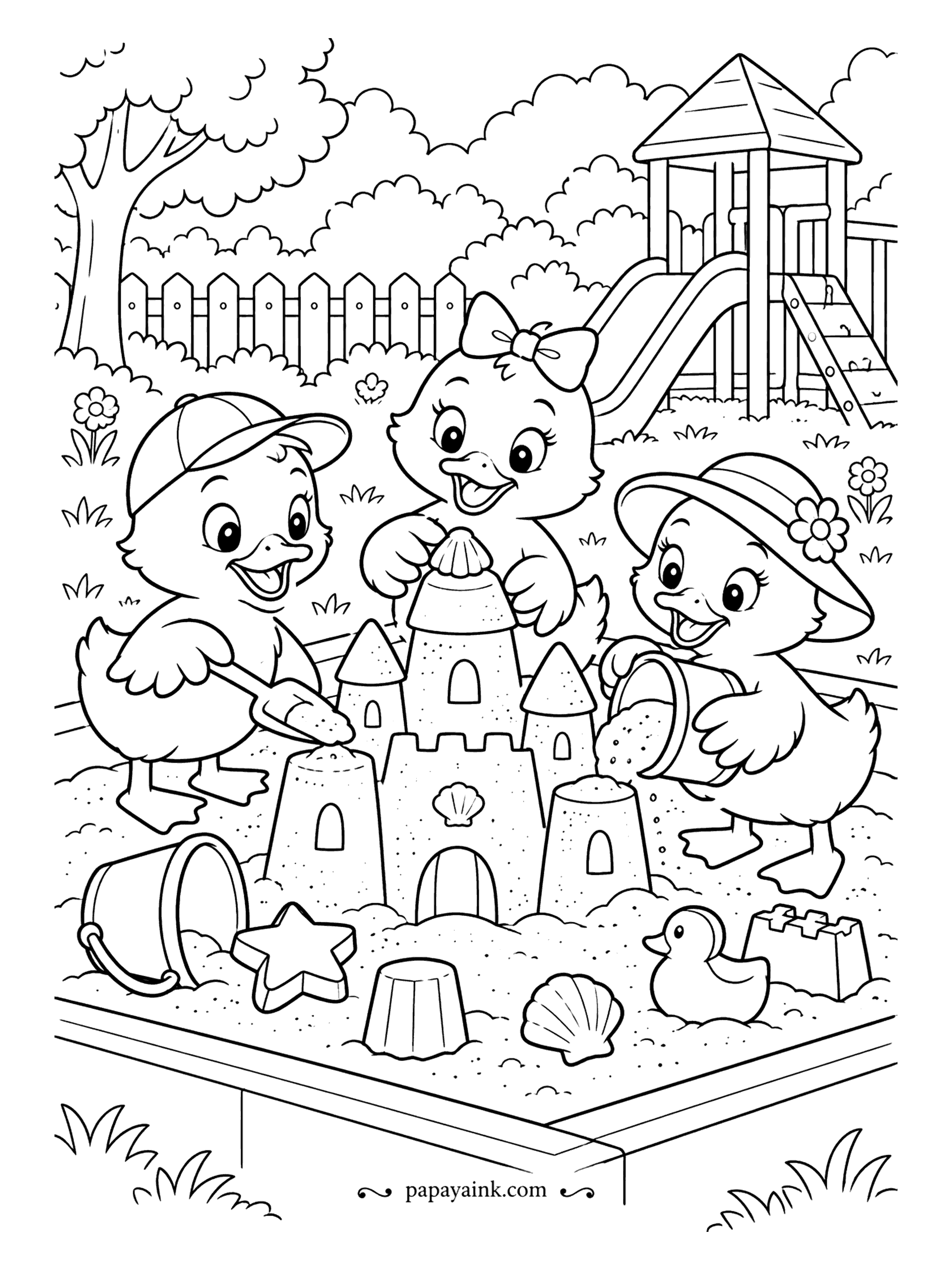 Duck Coloring Pages - Three architects, one sandbox. The one in the cap shapes the walls, the one with the bow adds a shell on top, and the sun-hat duckling is in charge of the bucket. A rubber duck keeps watch in the corner.
