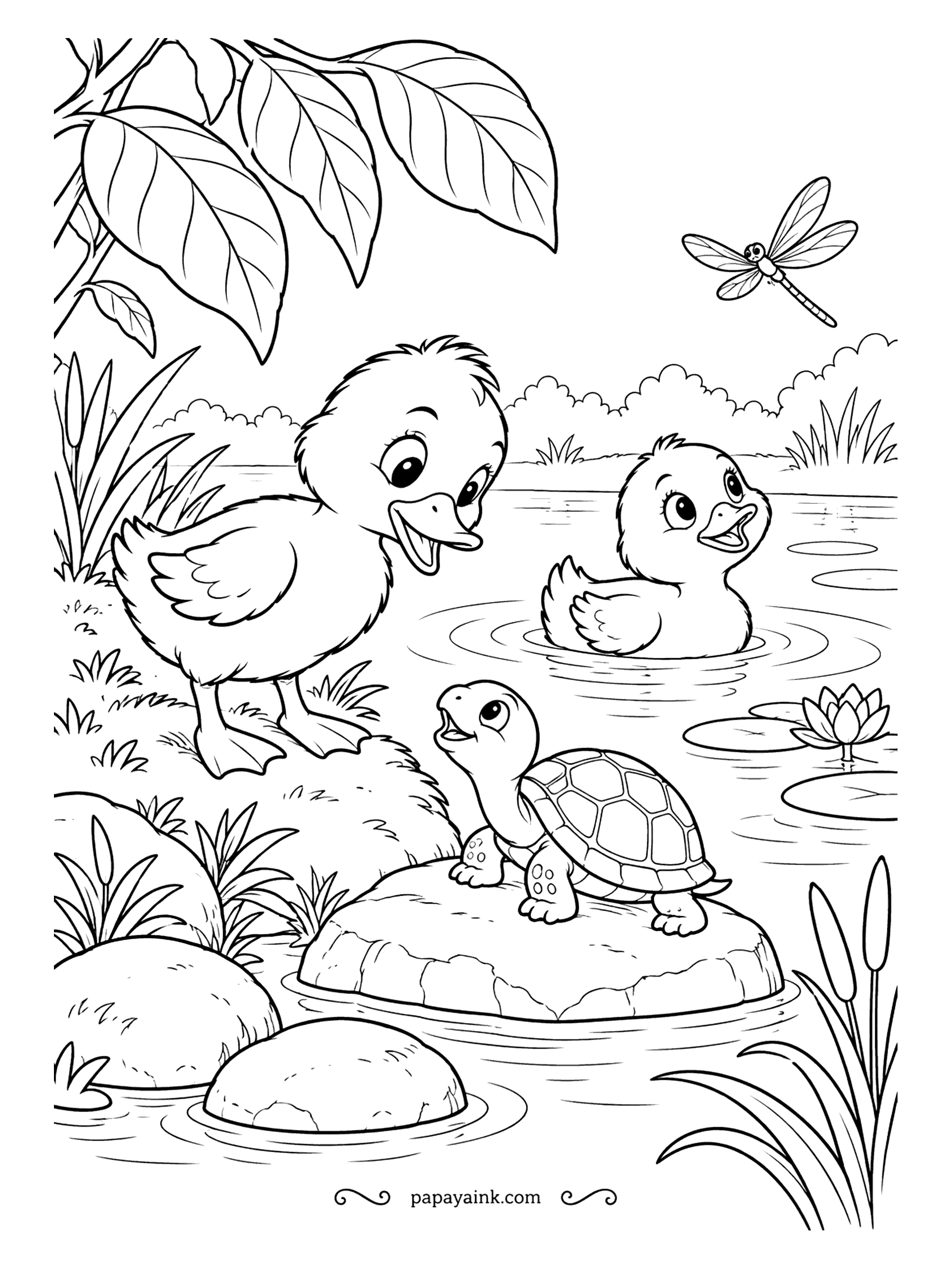 Duck Coloring Pages - A small turtle has climbed onto the stone to say hello, and the duckling on the bank leans in for a closer look. Its sibling paddles over to join. Big leaves and a simple shell pattern make this one relaxing.