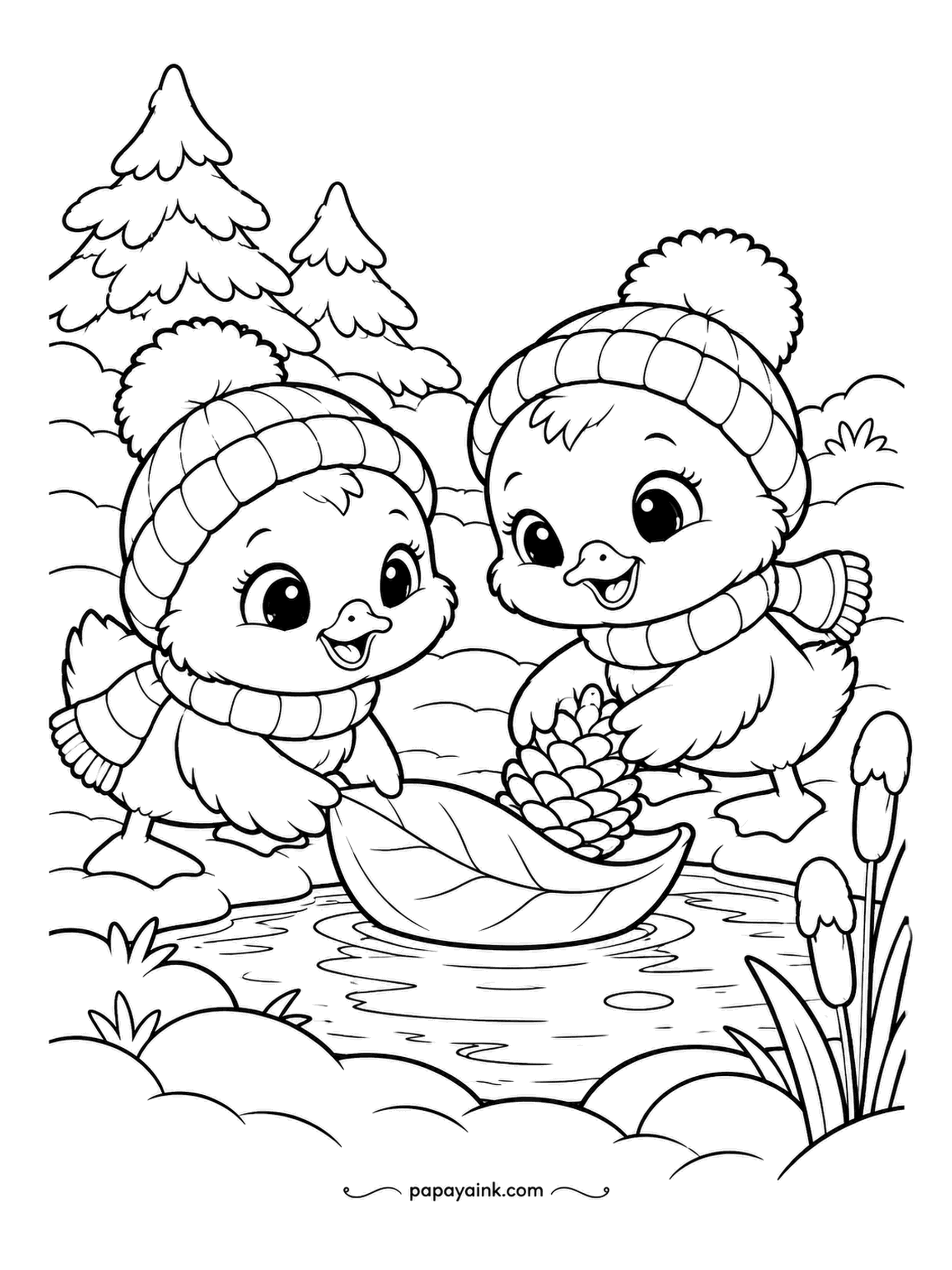 Cute Winter Coloring Pages - Leaf boat on a puddle, and two ducklings in hats are loading a pine cone as cargo before the launch. Cattails at the edge. Yellow ducks, green leaf, gray water.
