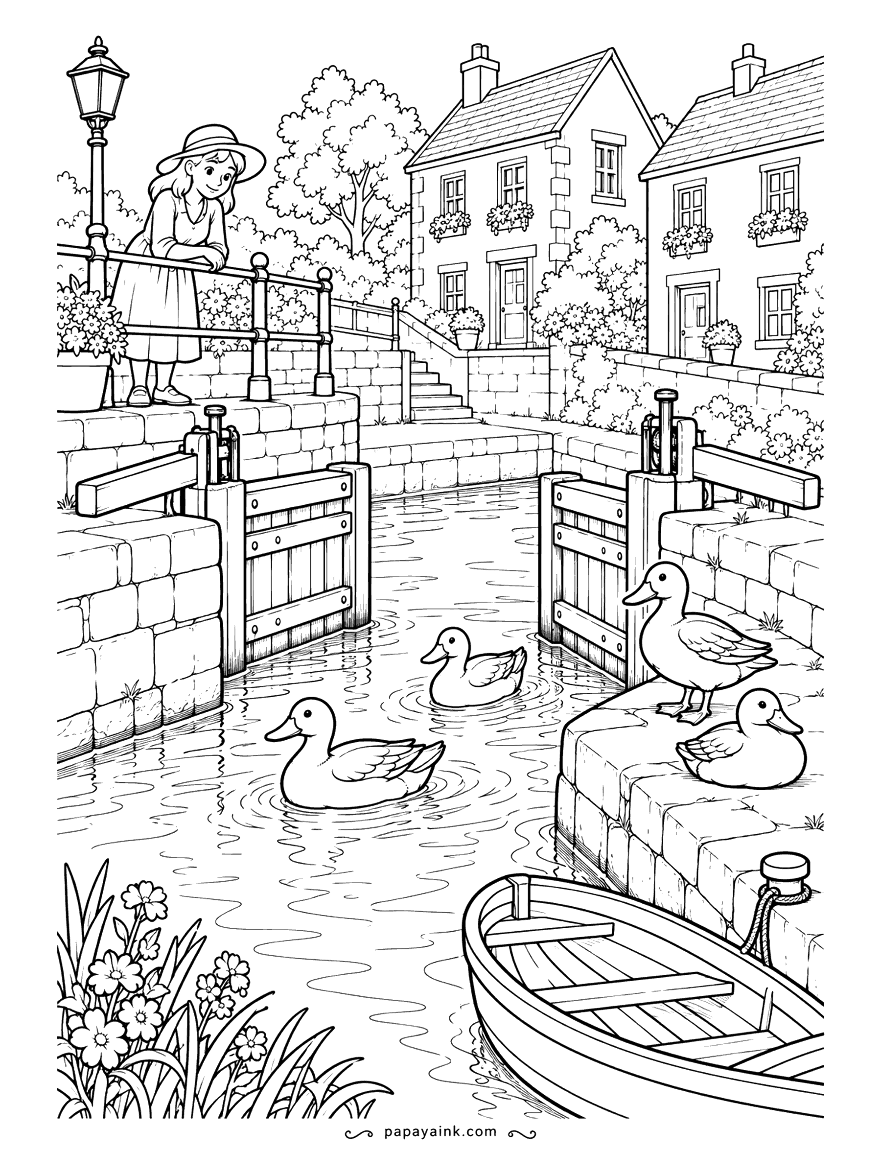 Duck Coloring Pages - Canal locks lift boats from one water level to the next, but the ducks here use this one purely as a swimming pool. A woman leans on the railing to watch. Lots of stonework, lock gates and window boxes for patient pencils.