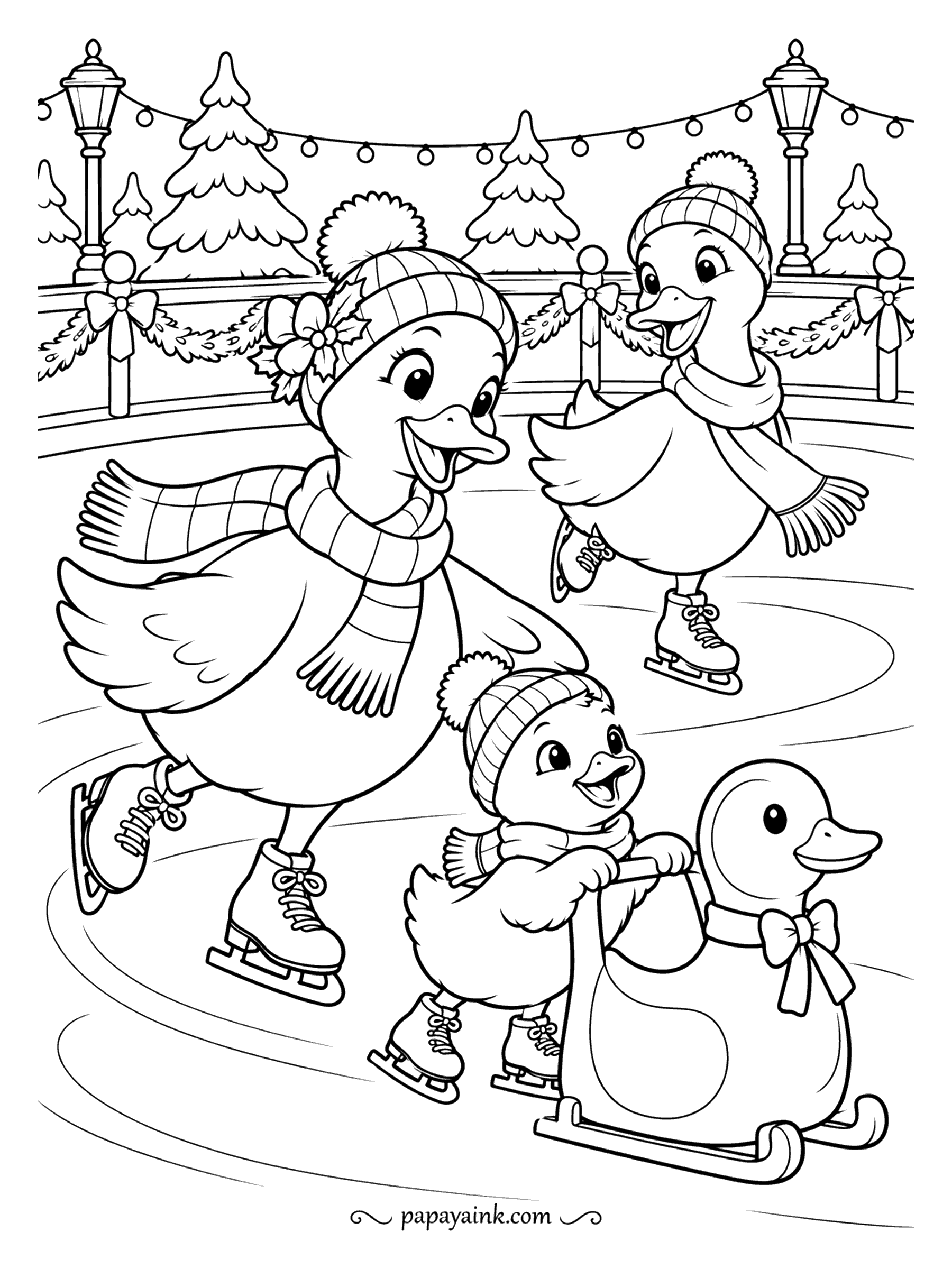 Duck Coloring Pages - Winter rink, string lights overhead, and two skaters in matching knitted scarves. The smallest duckling pushes a duck-shaped skate trainer and keeps up just fine. Stripes on the hats and scarves are ready for bold colors.