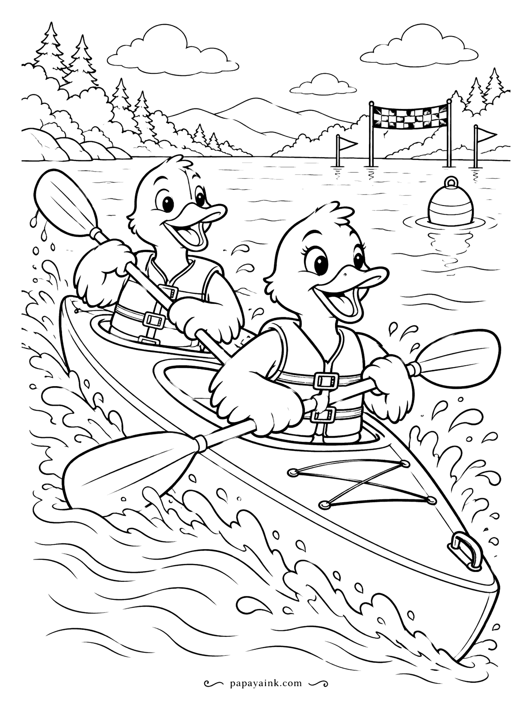 Duck Coloring Pages - Tandem kayak, matching life vests, and a finish banner straight ahead. The duck in the front seat paddles hard; the one behind paddles and grins. Splashes around the bow are fun to leave white.