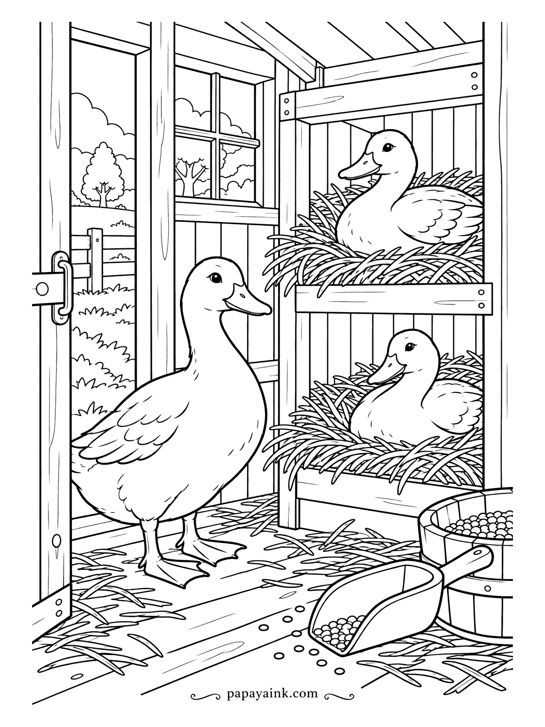 Duck Coloring Pages - Inside the duck house, two ducks have claimed the straw shelves and a third stands guard by the open door. A scoop of grain sits ready on the floor. Warm wood tones and pale straw suit this scene.
