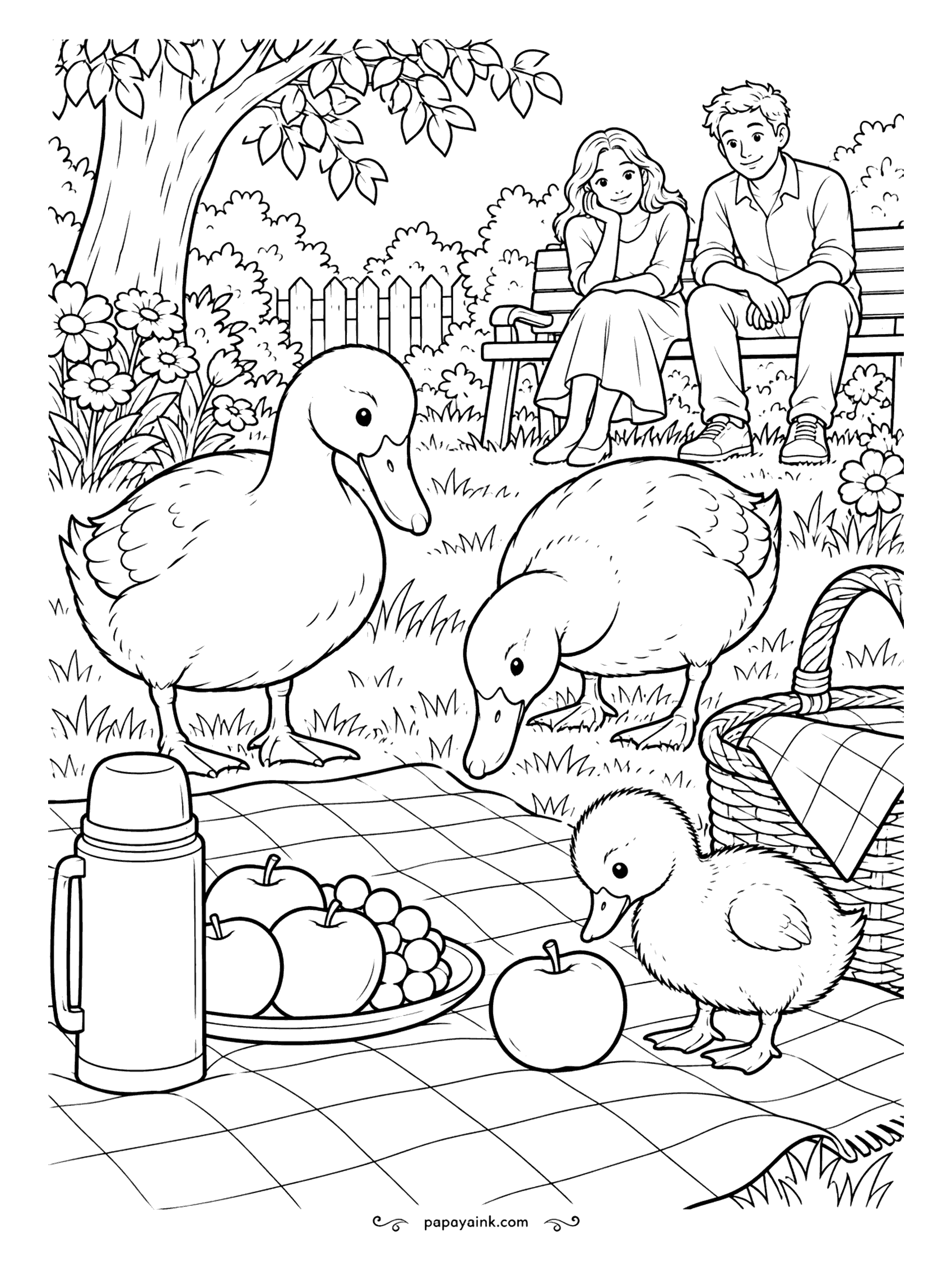 Duck Coloring Pages - The couple on the bench left the picnic for one minute. Two ducks and a duckling are now inspecting the apples and grapes, very politely. A checkered blanket is a nice place to try two alternating colors.