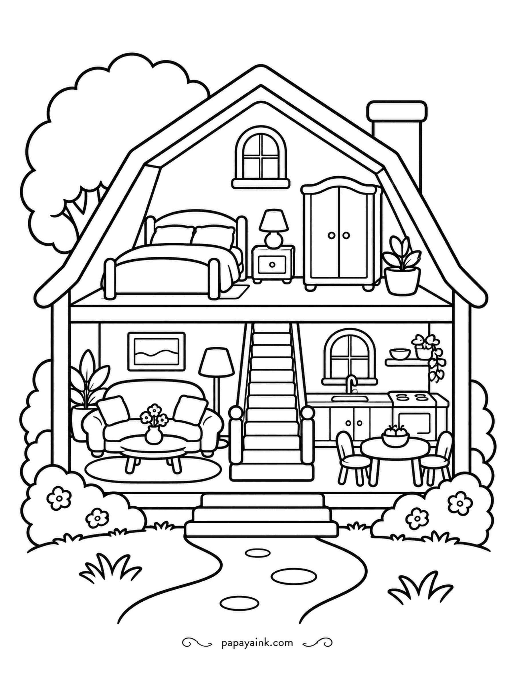 House Coloring Pages - Gambrel roof, front wall missing: a dollhouse cutaway with the bedroom upstairs and the sofa, staircase and kitchen below. Every room can have its own colors, so decide on a scheme per floor before you start. Detailed.
