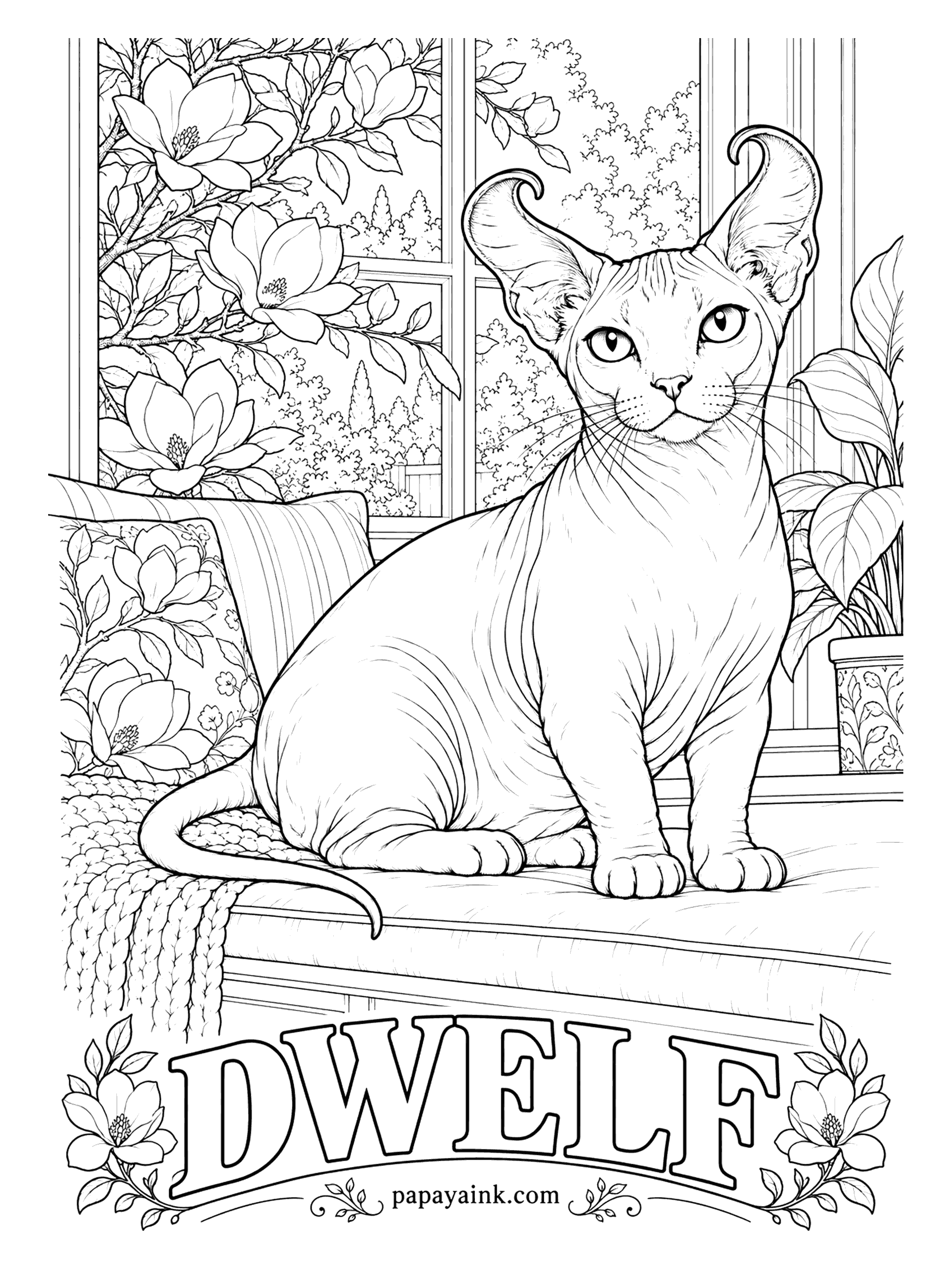 Free Printable Cat Coloring Pages - Three breeds in one: the Dwelf has the bare skin of a Sphynx, the short legs of a Munchkin and the curled ears of an American Curl. It remains very rare. Shade the ear curls and the folds of skin softly.