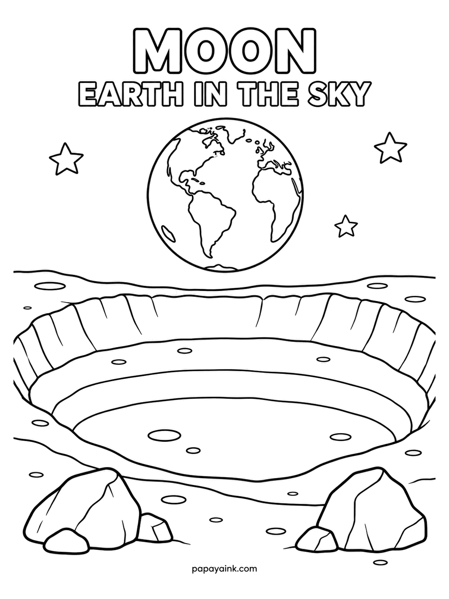 Planet Coloring Pages - Earth in the sky above a lunar crater, the way it looks from the Moon: a small marbled globe hanging over a rim of terraced rock. Bone-white and ash for the Moon, and spend all the color on that one distant planet.