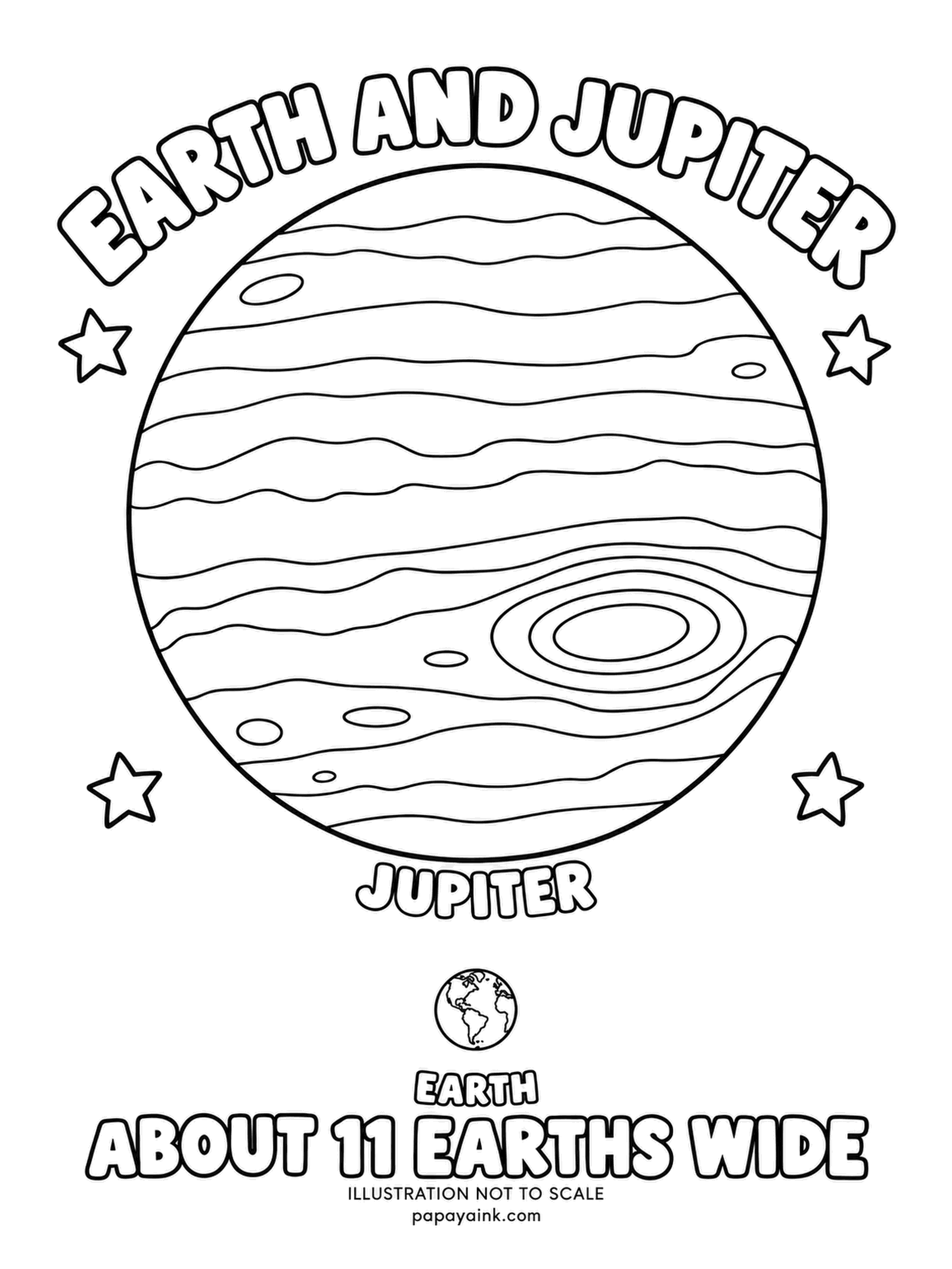 Earth Coloring Pages - Jupiter fills the page and Earth is a marble at the bottom: about eleven Earths would fit across the giant's face. The oval at lower right is the Great Red Spot, a storm bigger than Earth. Cream, tan and brick-red bands, the spot warmest.