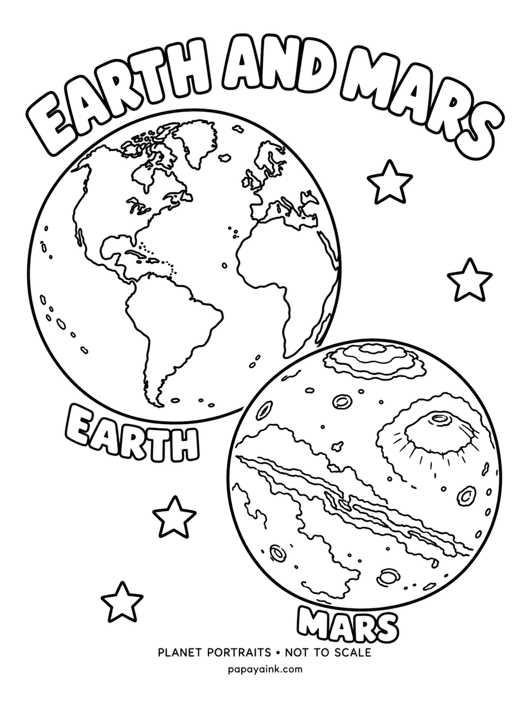 Earth Coloring Pages - Portraits of two neighbors: the blue planet with clouds and oceans, the rusty one with a polar cap, canyons and a giant volcano. Mars is about half the width of Earth. Iron oxide makes it red - go heavy on orange and brick.