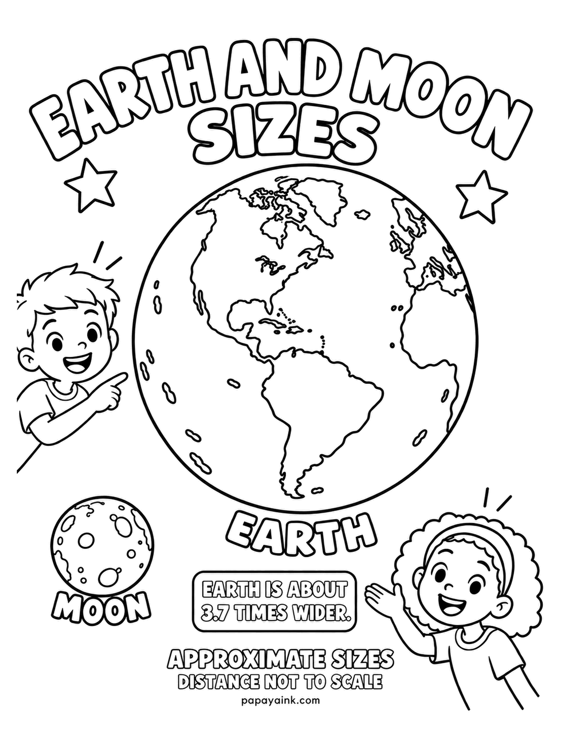 Earth Coloring Pages - At true proportions Earth is almost four times wider than the moon, and two children are pointing that out. Dozens of moons would fit inside the planet. The sizes are right, the distance is not - the real gap is thirty Earths across.