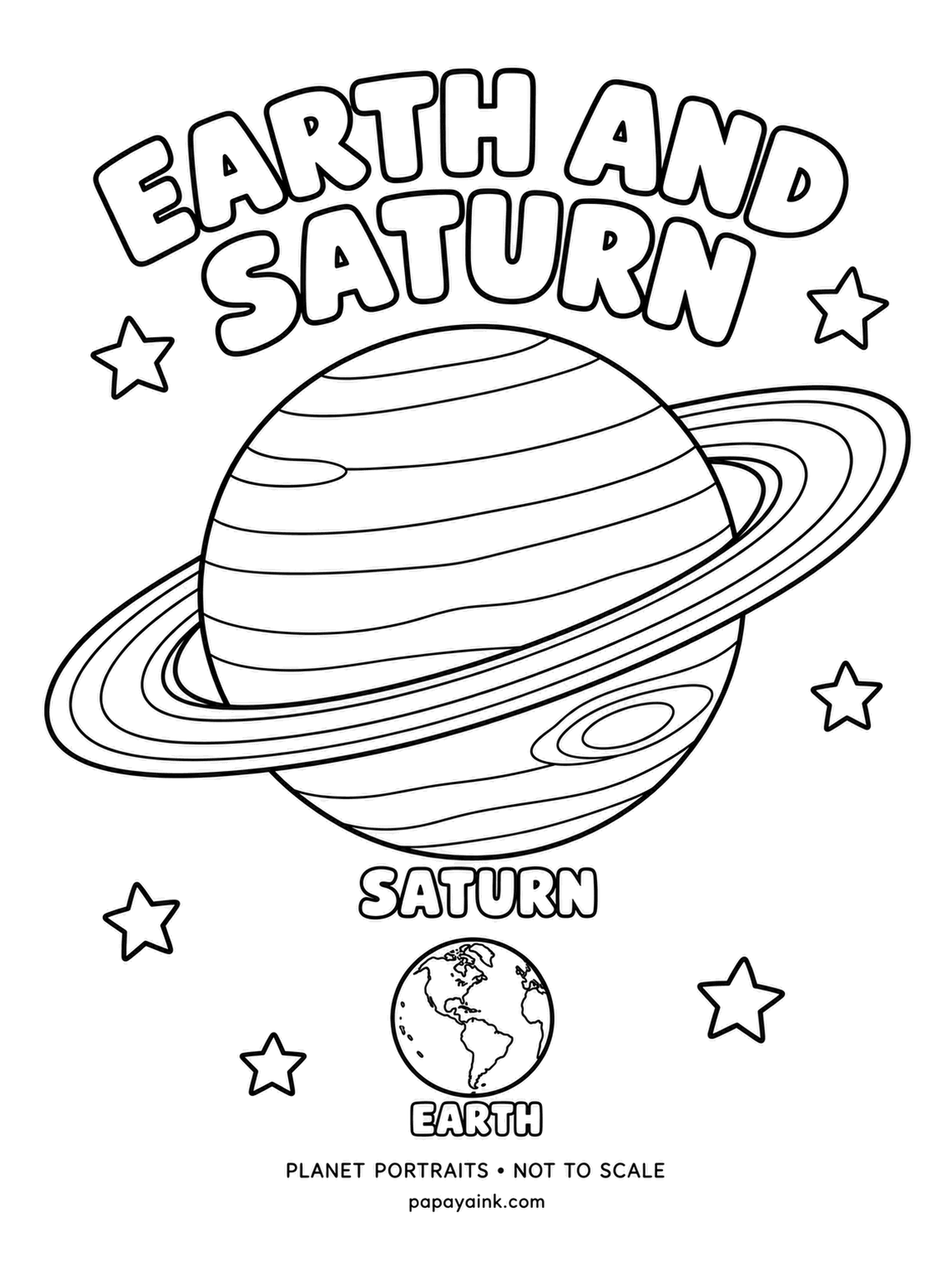 Earth Coloring Pages - Saturn and its rings fill the sheet while Earth sits small below. The rings are mostly water ice, bright and wide, yet paper-thin compared to their span. Butter yellow and pale gold for the planet, cream and silver for the rings.