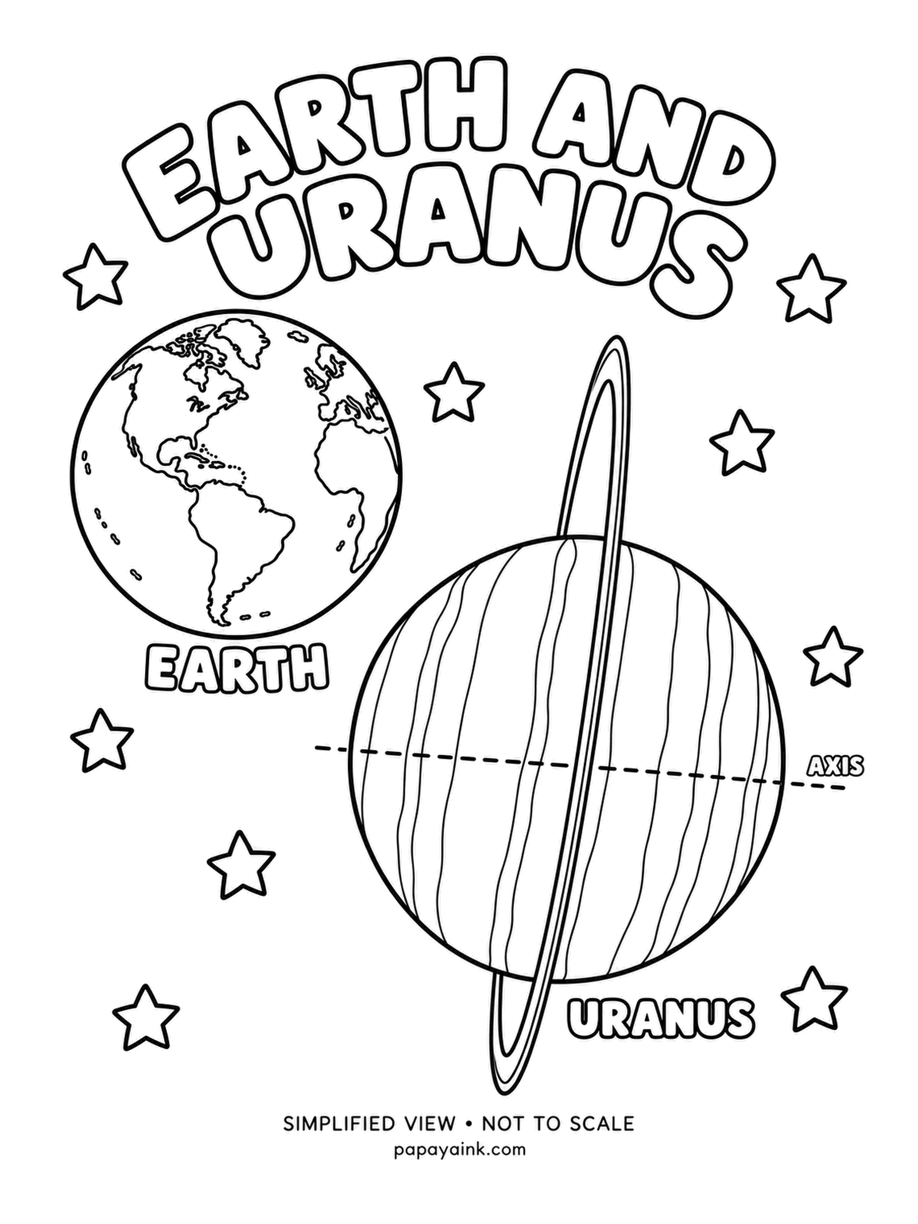 Earth Coloring Pages - Uranus rolls around the sun tipped on its side, so its faint rings stand almost upright and its axis, marked with a dashed line, lies nearly flat. Earth beside it is for scale. Pale cyan and mint - it really is that color.