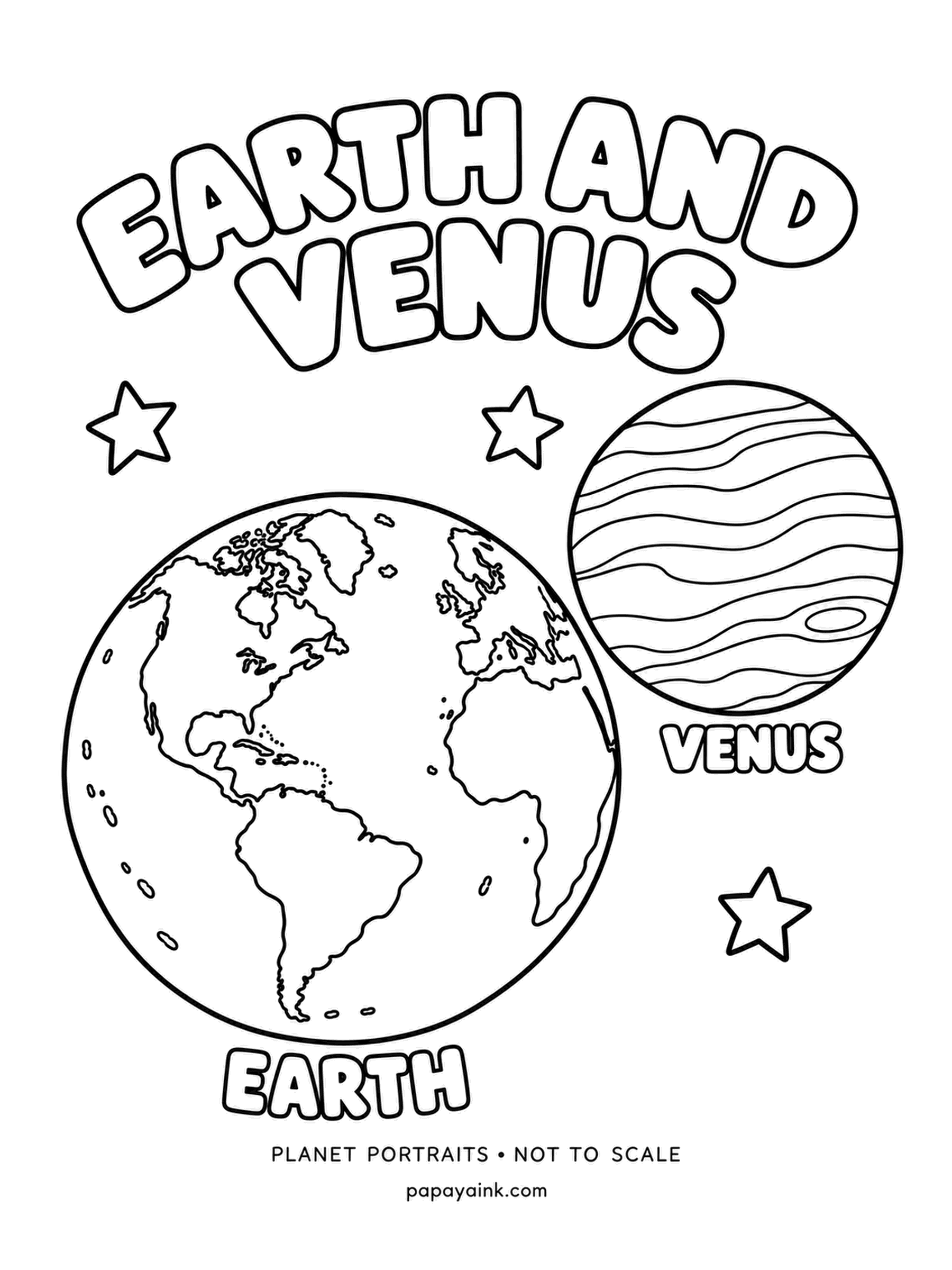 Earth Coloring Pages - Venus, Earth's closest planetary neighbor and almost its twin in size, hides under thick yellow clouds; the lines on its face are cloud bands, not land. Brightest object in the sky after the sun and moon. Creamy yellow and ochre for Venus.